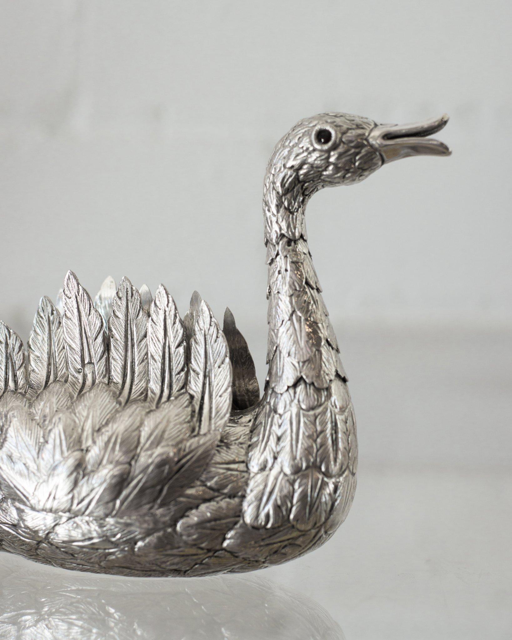 Portuguese Contemporary Sterling Silver 925 Hand Chased Swan For Sale