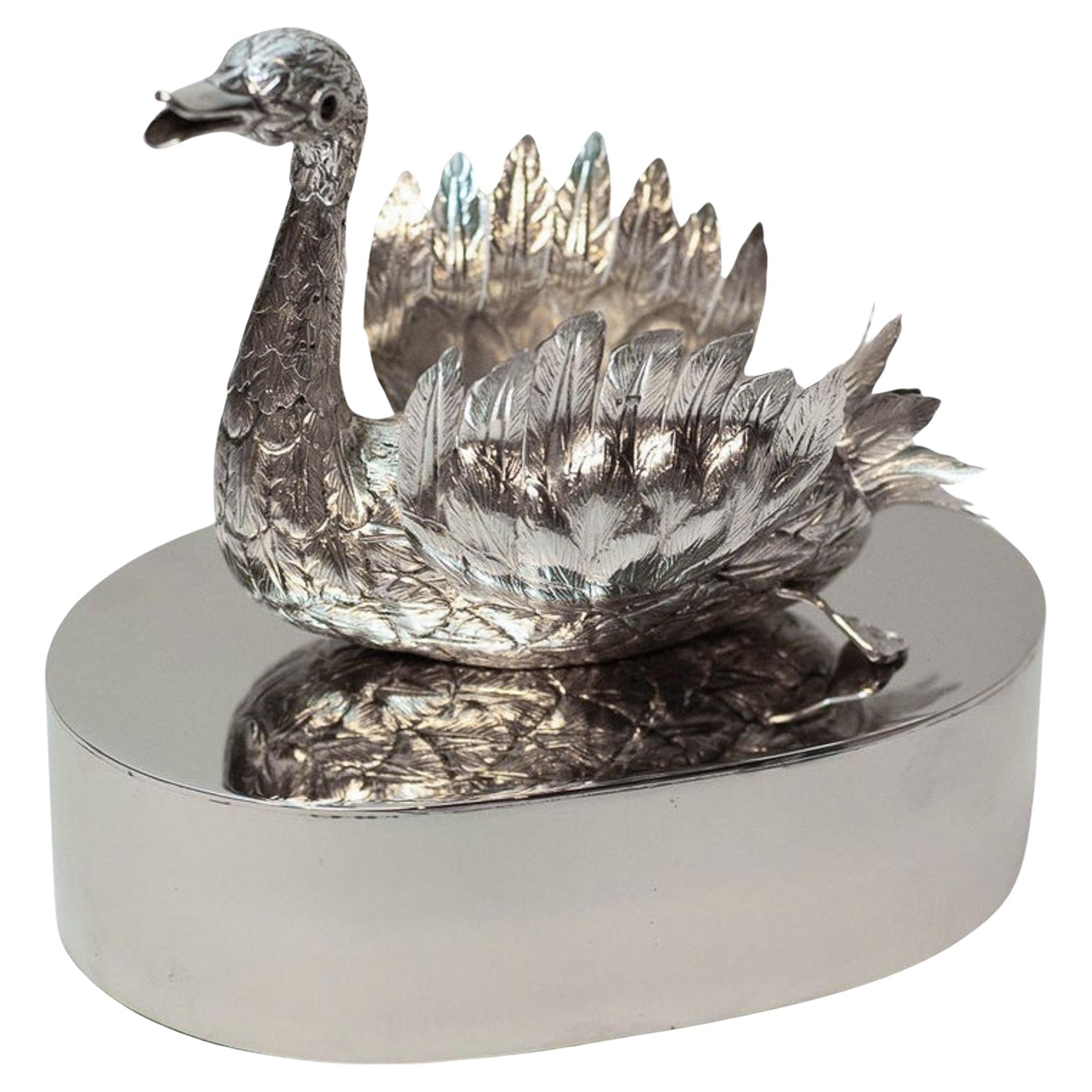 Contemporary Sterling Silver 925 Hand Chased Swan on Polished Nickel Base