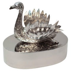 Contemporary Sterling Silver 925 Hand Chased Swan on Polished Nickel Base