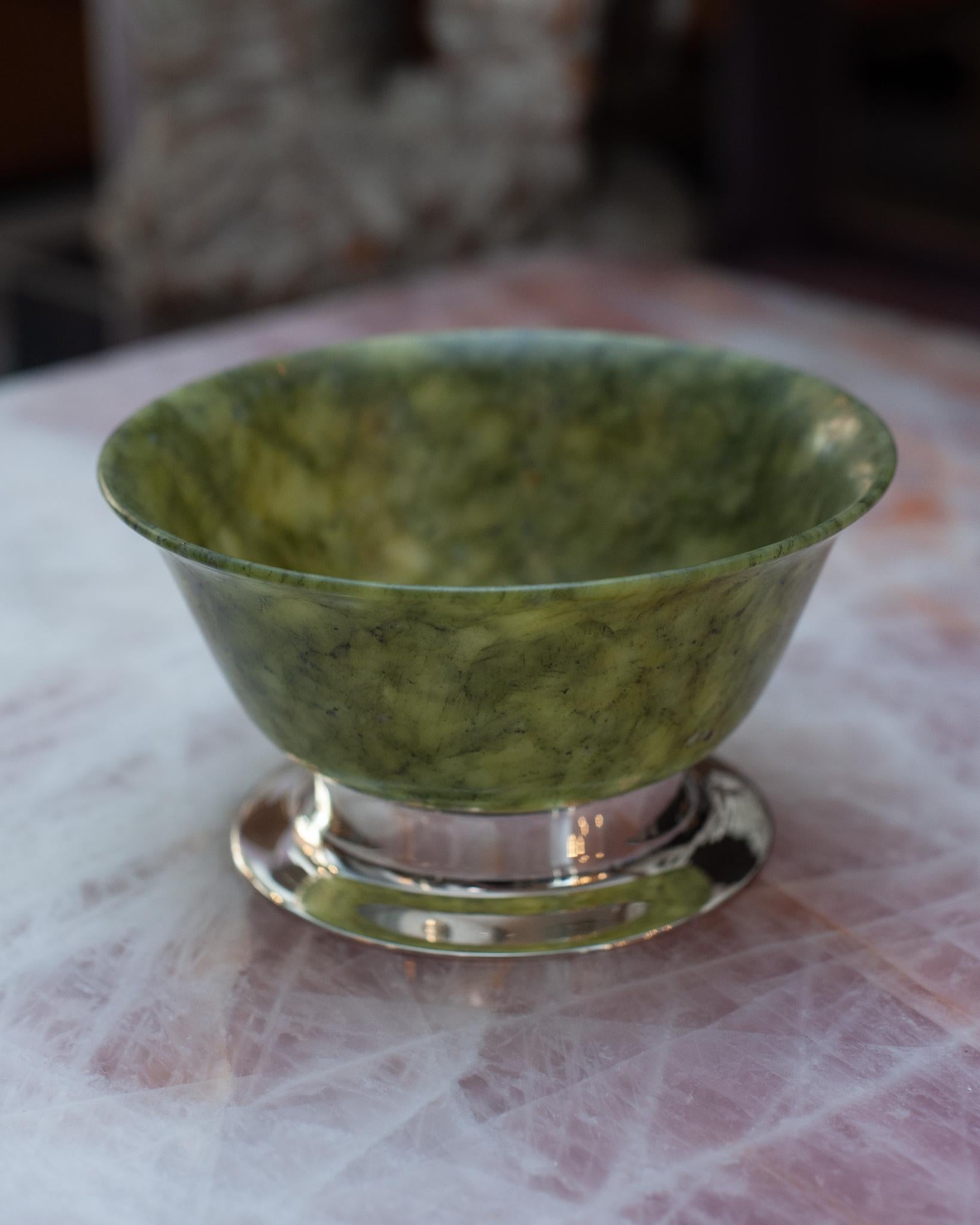 Contemporary Sterling Silver and Jade Bowl For Sale 1