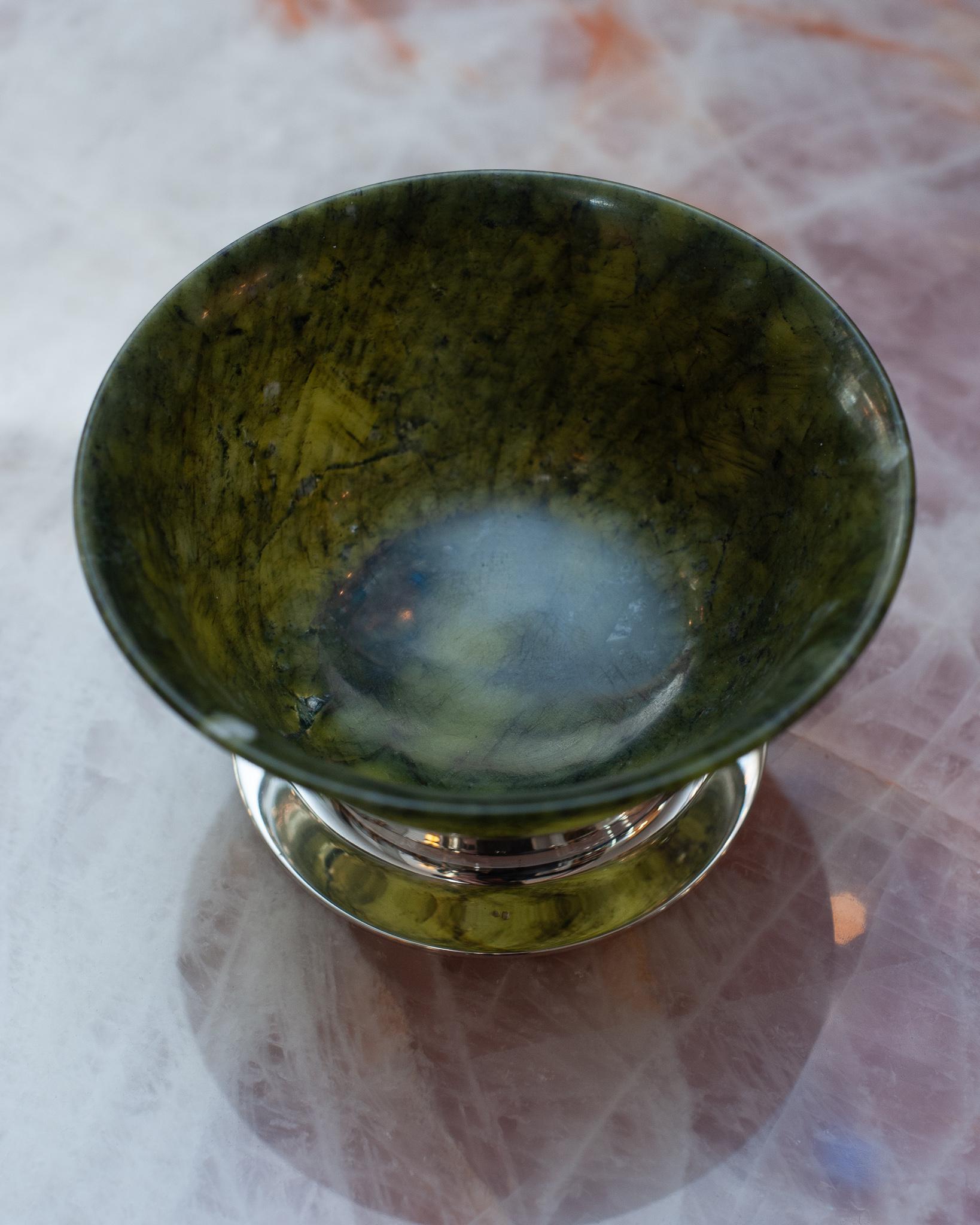 Contemporary Sterling Silver and Jade Bowl For Sale 1