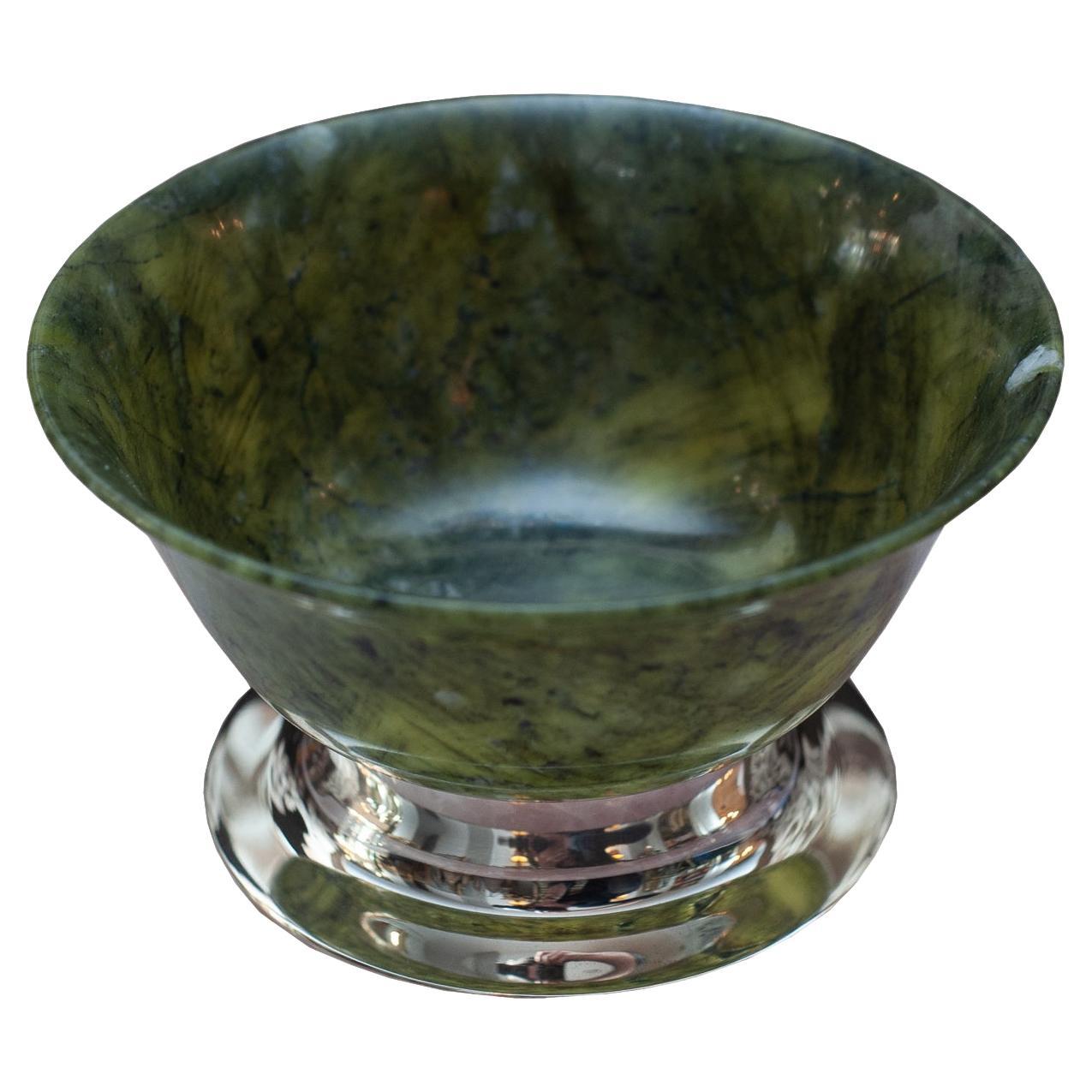 Contemporary Sterling Silver and Jade Bowl For Sale