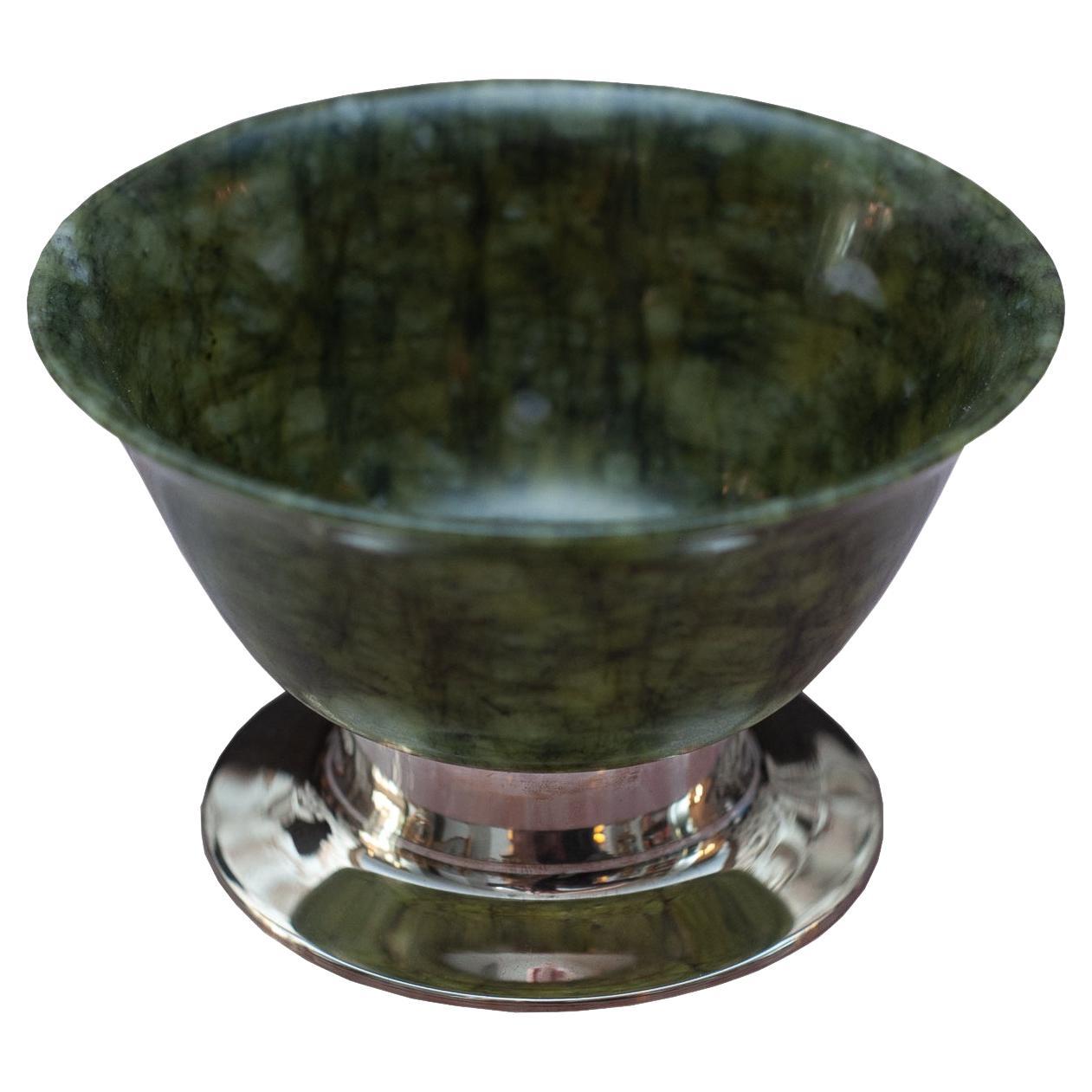 Contemporary Sterling Silver and Jade Bowl For Sale