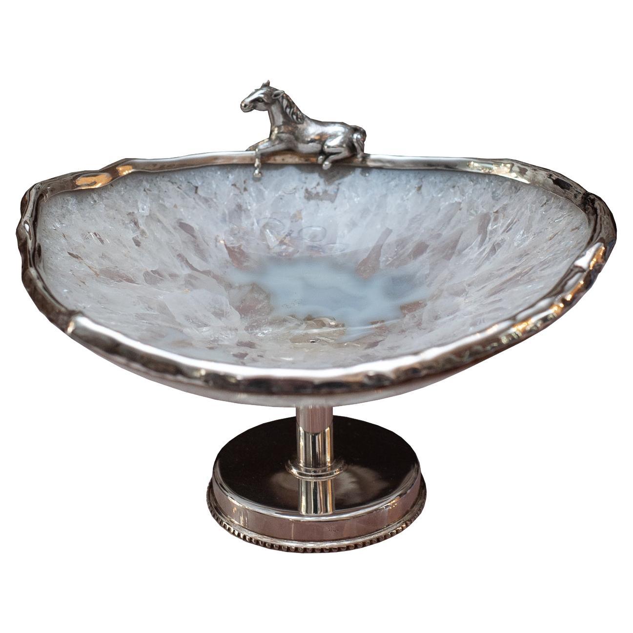 Contemporary Sterling Silver and Rock Crystal Footed Bowl with Horse