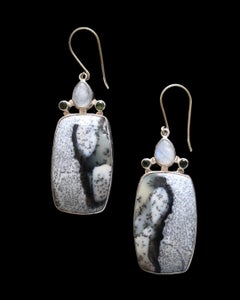 Contemporary Sterling Silver Dendritic Opal with Moonstone and Peridot Earrings