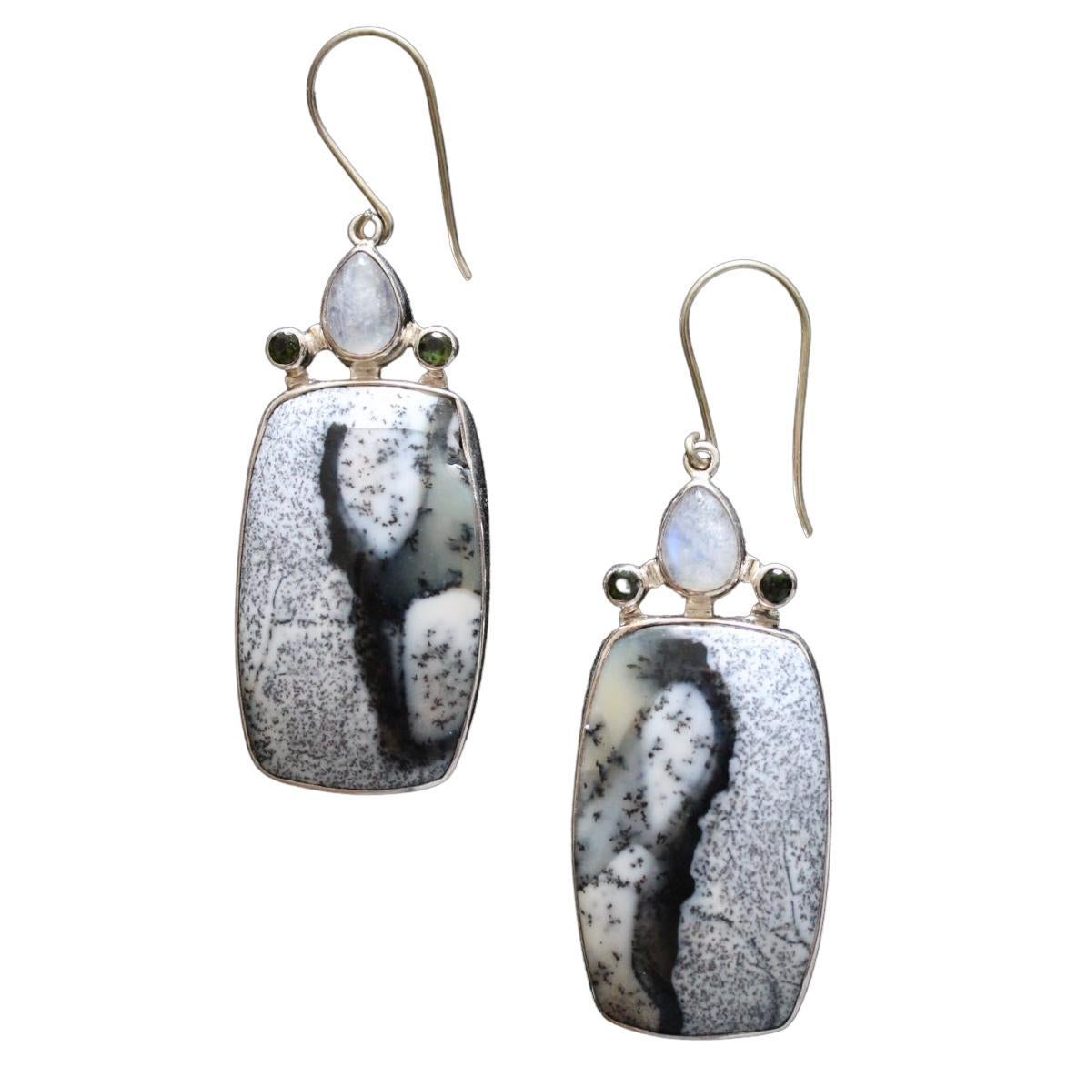 Contemporary Sterling Silver Dendritic Opal with Moonstone and Peridot Earrings  For Sale
