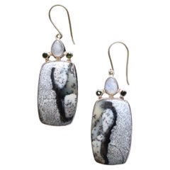 Contemporary Sterling Silver Dendritic Opal with Moonstone and Peridot Earrings 