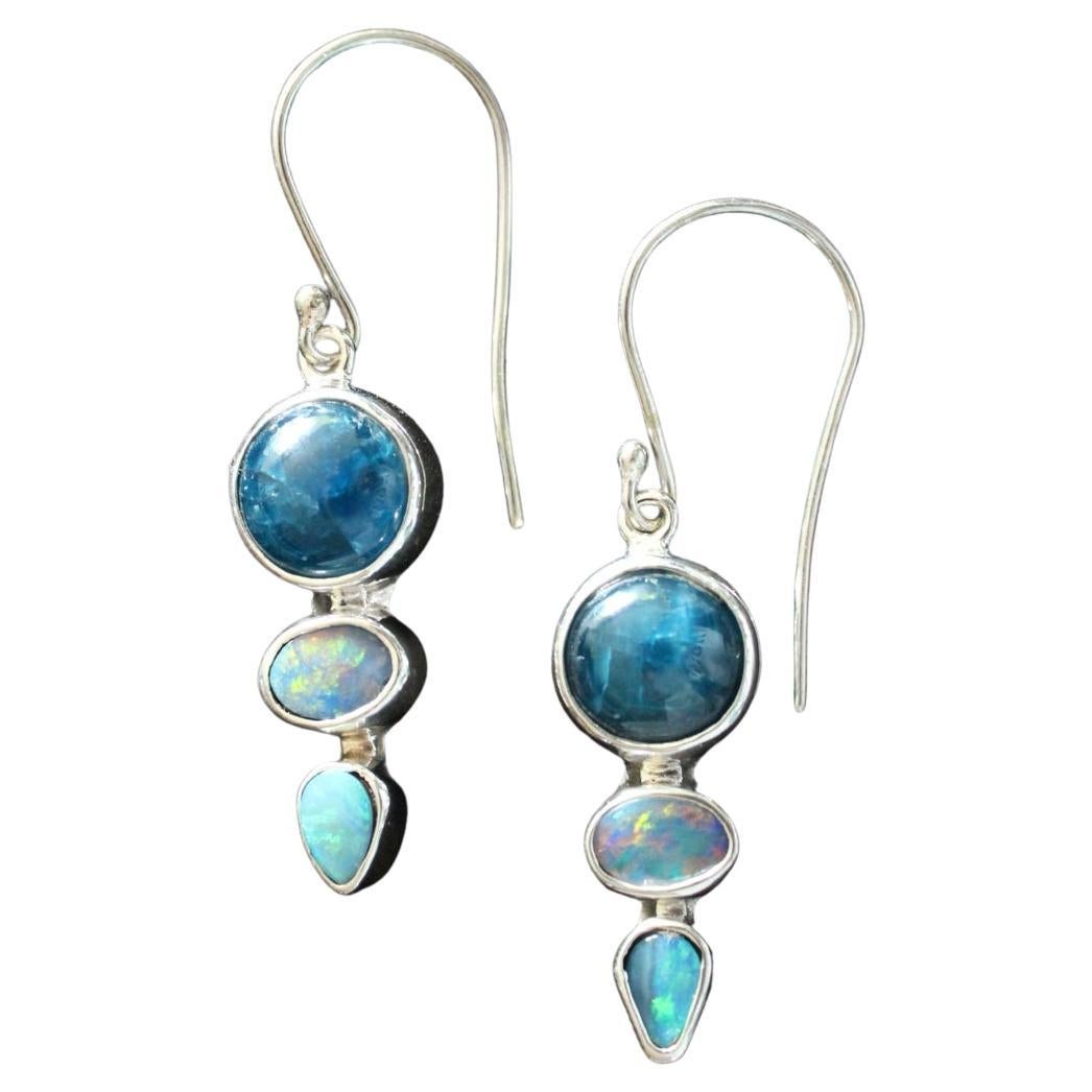 Contemporary Sterling Silver Earrings with Kyanite and Opal For Sale