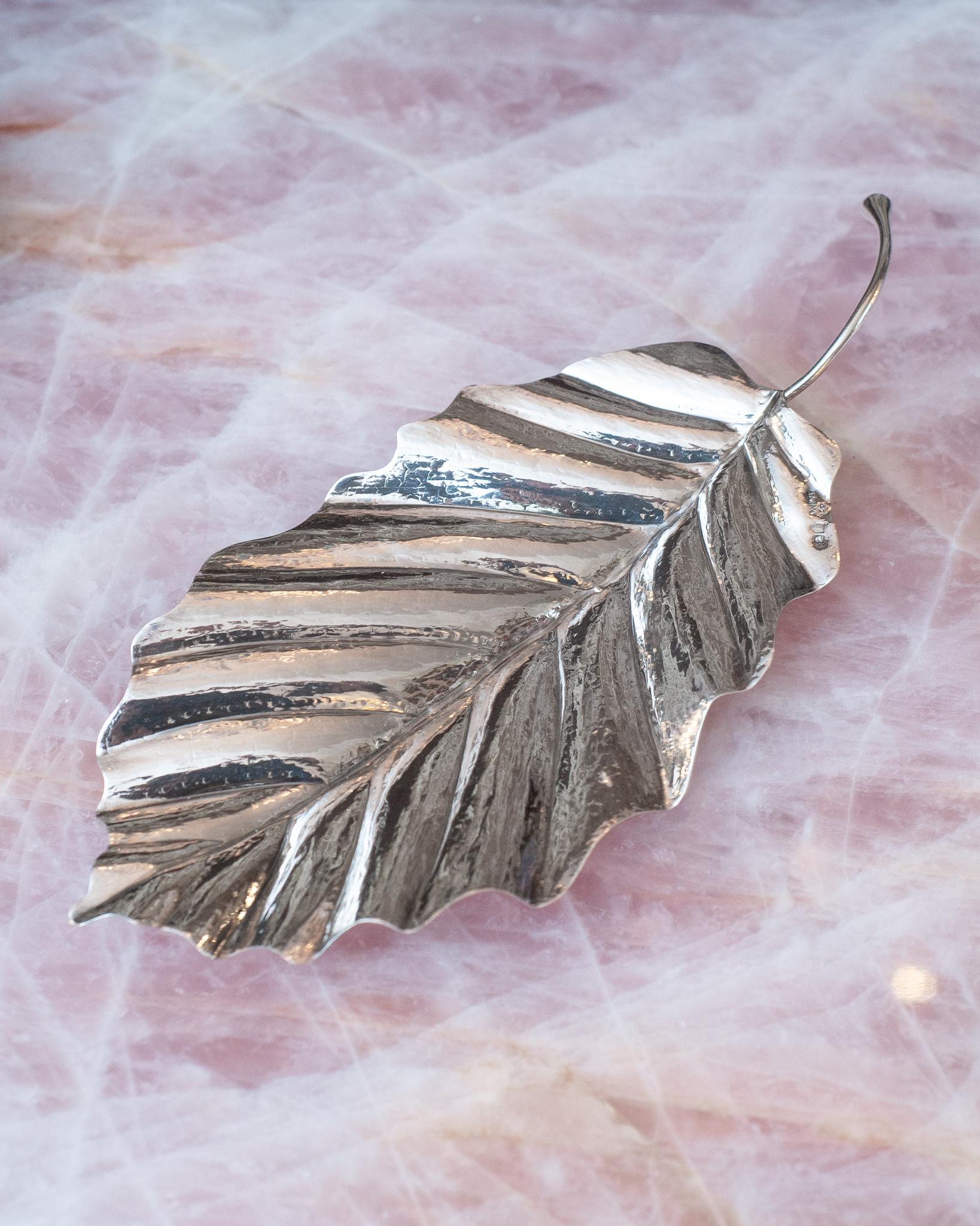 A stunning 925 sterling silver leaf tray. Expertly crafted and hand chased, made by a master jeweller. Perfect for the table for trinkets or just as beautiful on it's own as an empty tray.