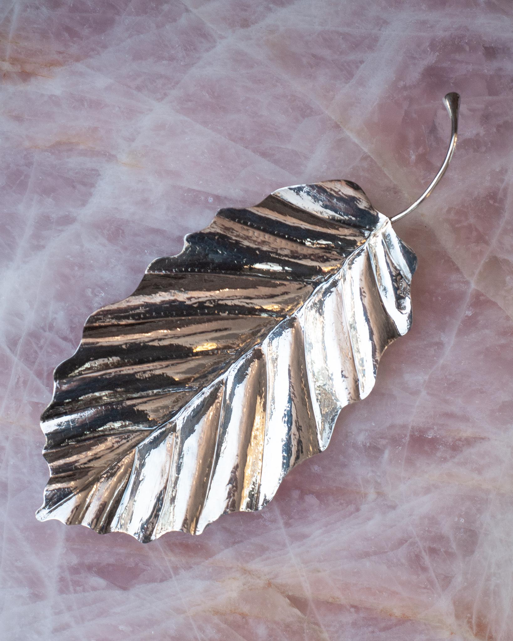 Portuguese Contemporary Sterling Silver Hand Chased Leaf Tray For Sale