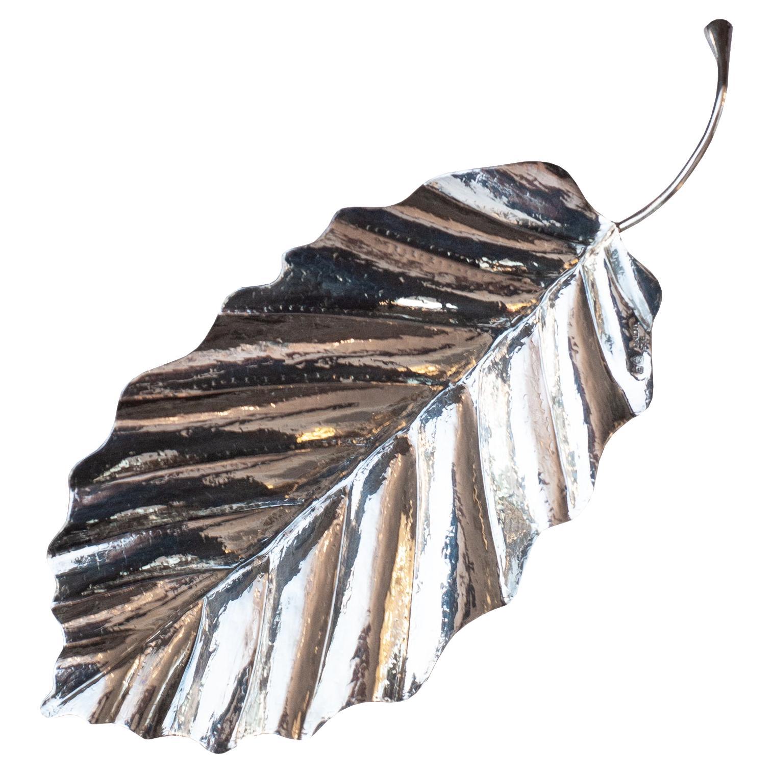 Contemporary Sterling Silver Hand Chased Leaf Tray For Sale
