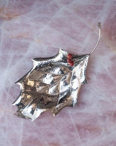 Contemporary Sterling Silver Hand Chased Leaf Tray with Red Stone Berries