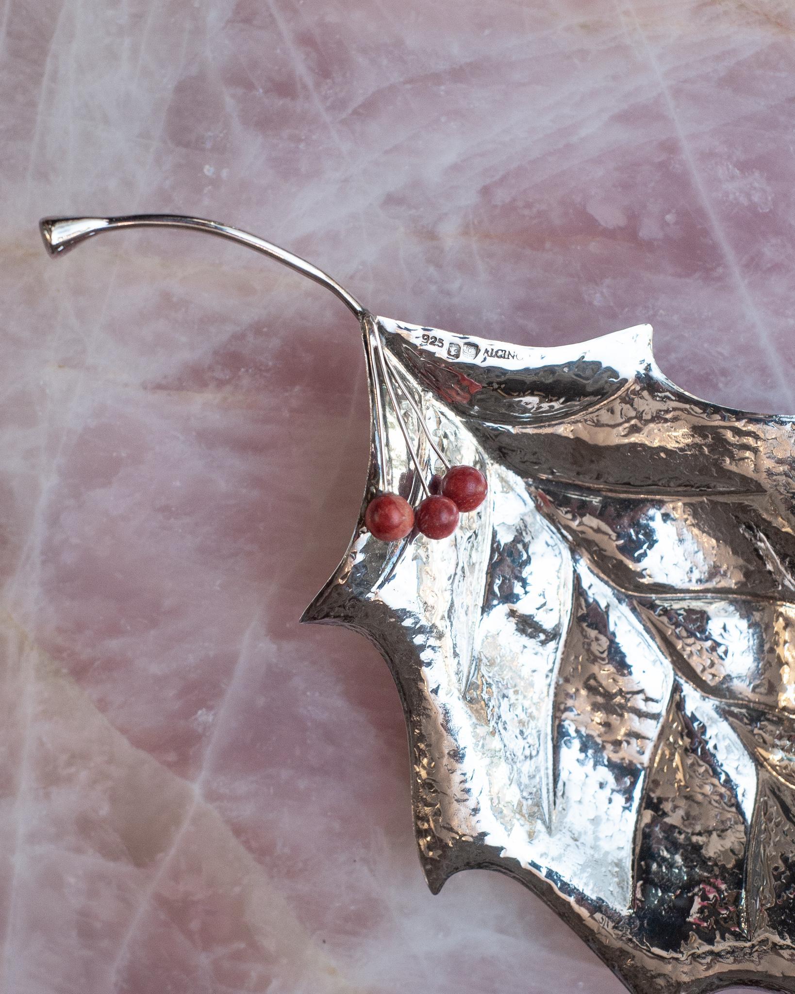 Contemporary Sterling Silver Hand Chased Leaf Tray with Red Stone Berries In New Condition For Sale In Toronto, ON