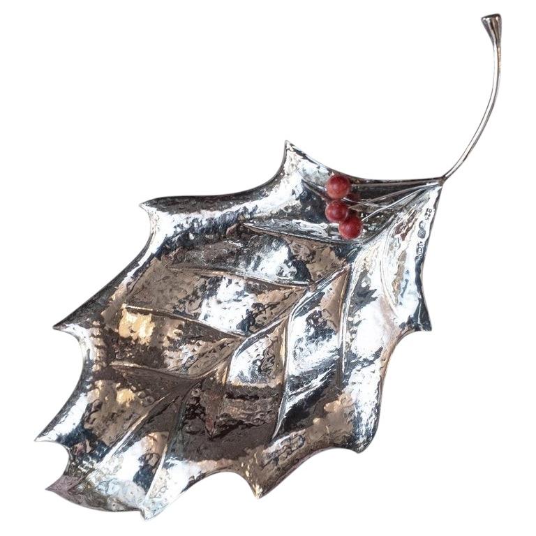 Contemporary Sterling Silver Hand Chased Leaf Tray with Red Stone Berries For Sale