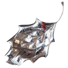 Contemporary Sterling Silver Hand Chased Leaf Tray with Red Stone Berries