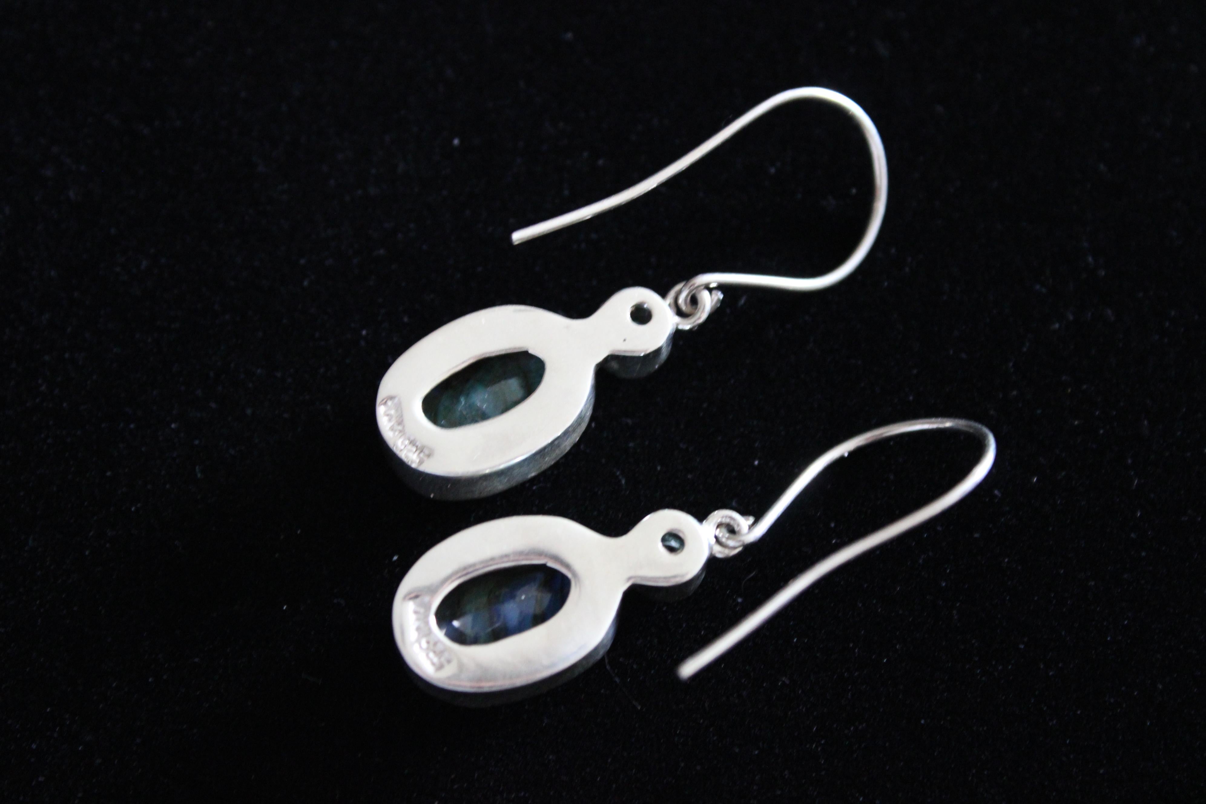 Cabochon Contemporary Sterling Silver Labradorite & Aquamarine Earrings  For Sale