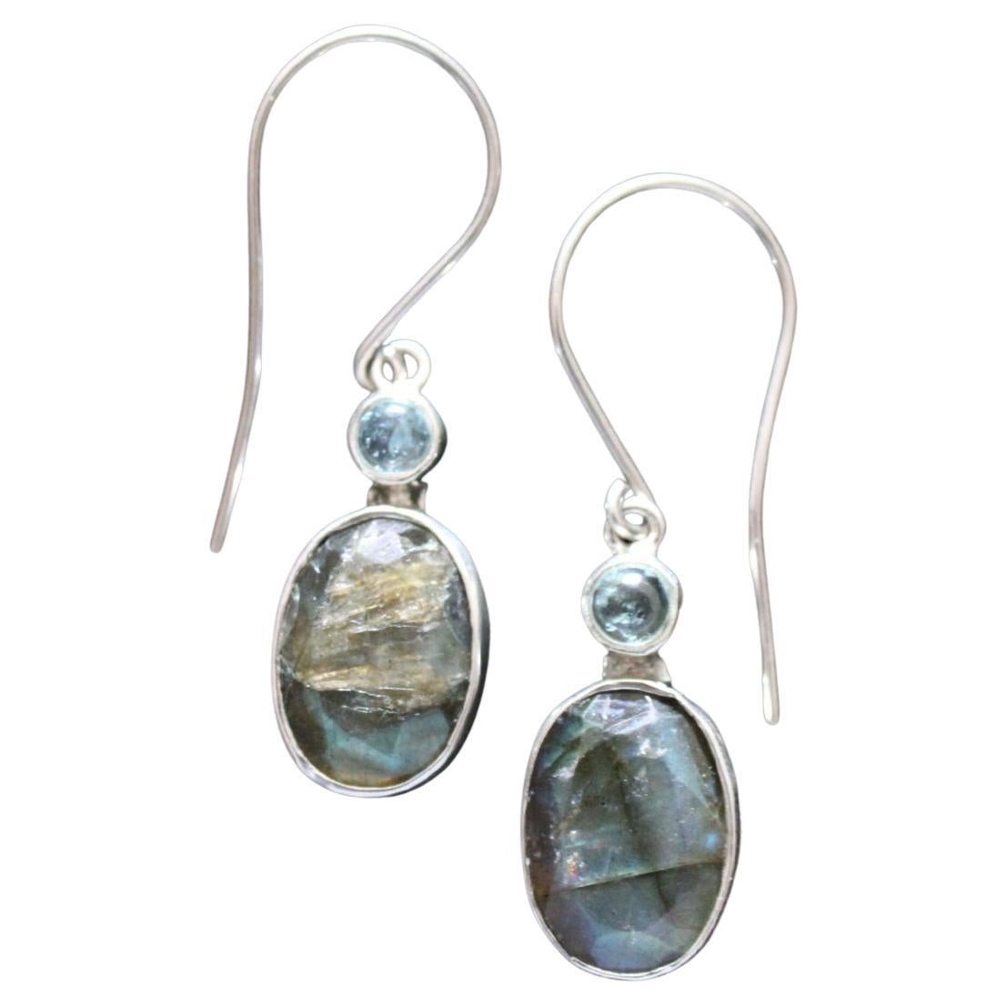 Contemporary Sterling Silver Labradorite & Aquamarine Earrings  For Sale