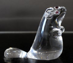 Contemporary Steuben Small Signed Beaver Statuette Glass Sculpture Garnet Eyes