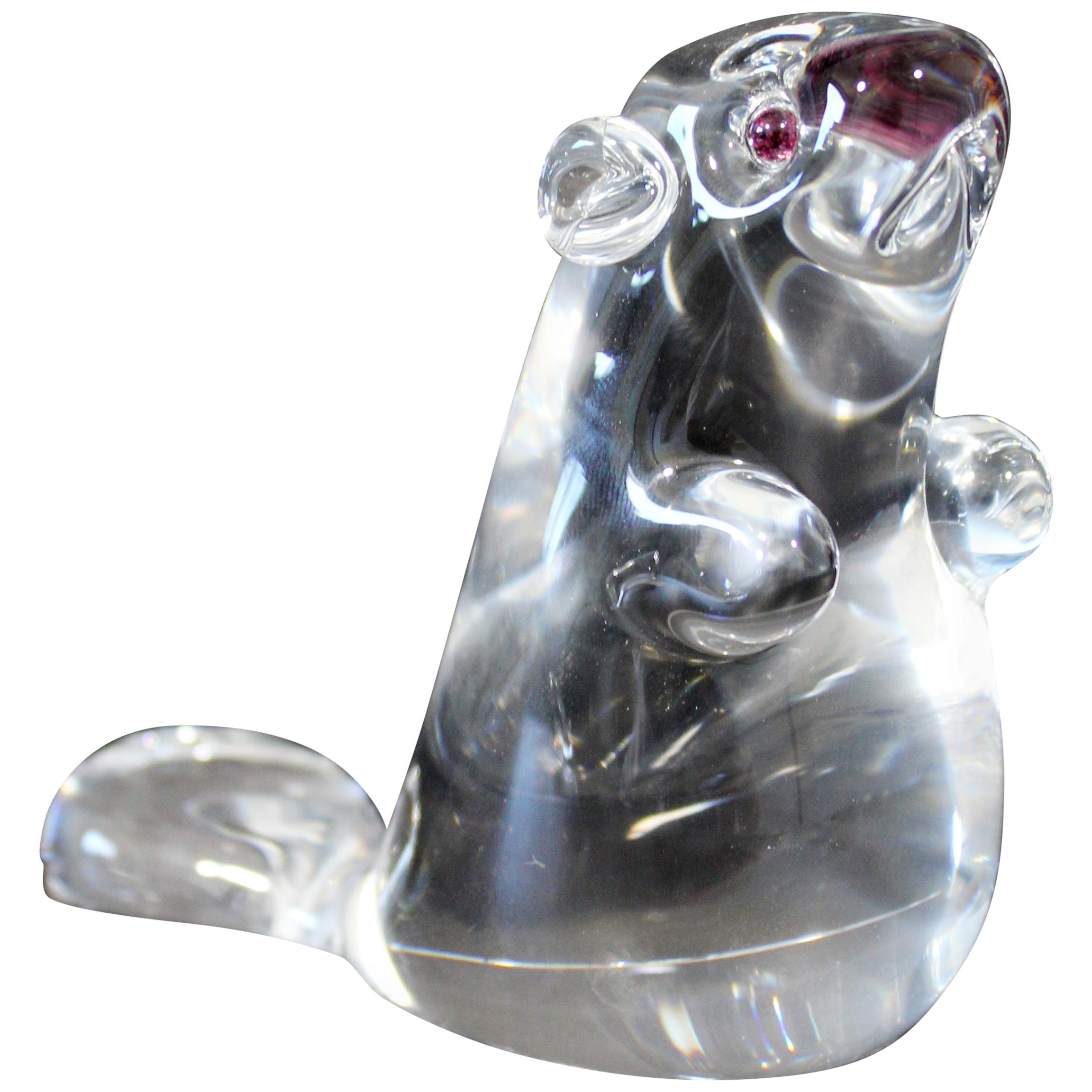Contemporary Steuben Small Signed Beaver Statuette Glass Sculpture Garnet Eyes
