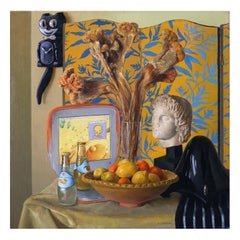Nature morte contemporaine avec le buste d'Alexander Something Great et l'orange Apple iBook