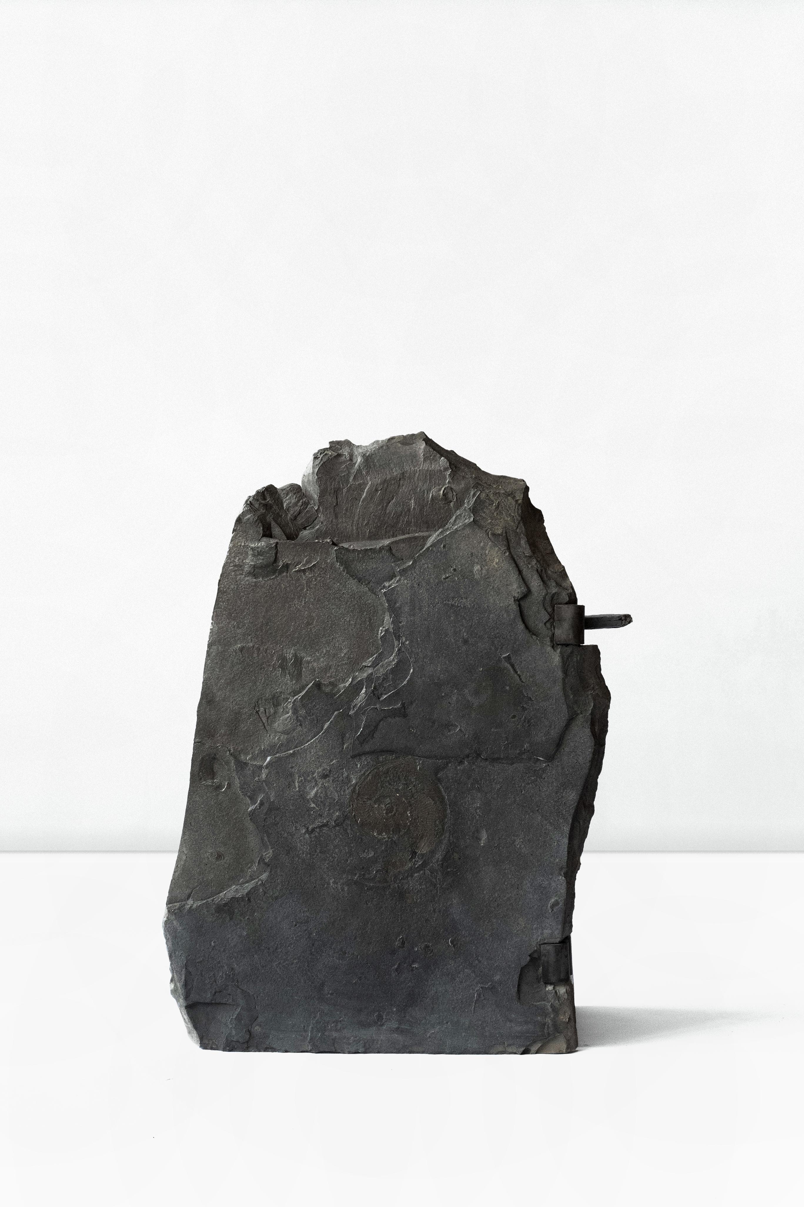 Burnished Contemporary Stone Object Console in Slate Stone & Metal For Sale