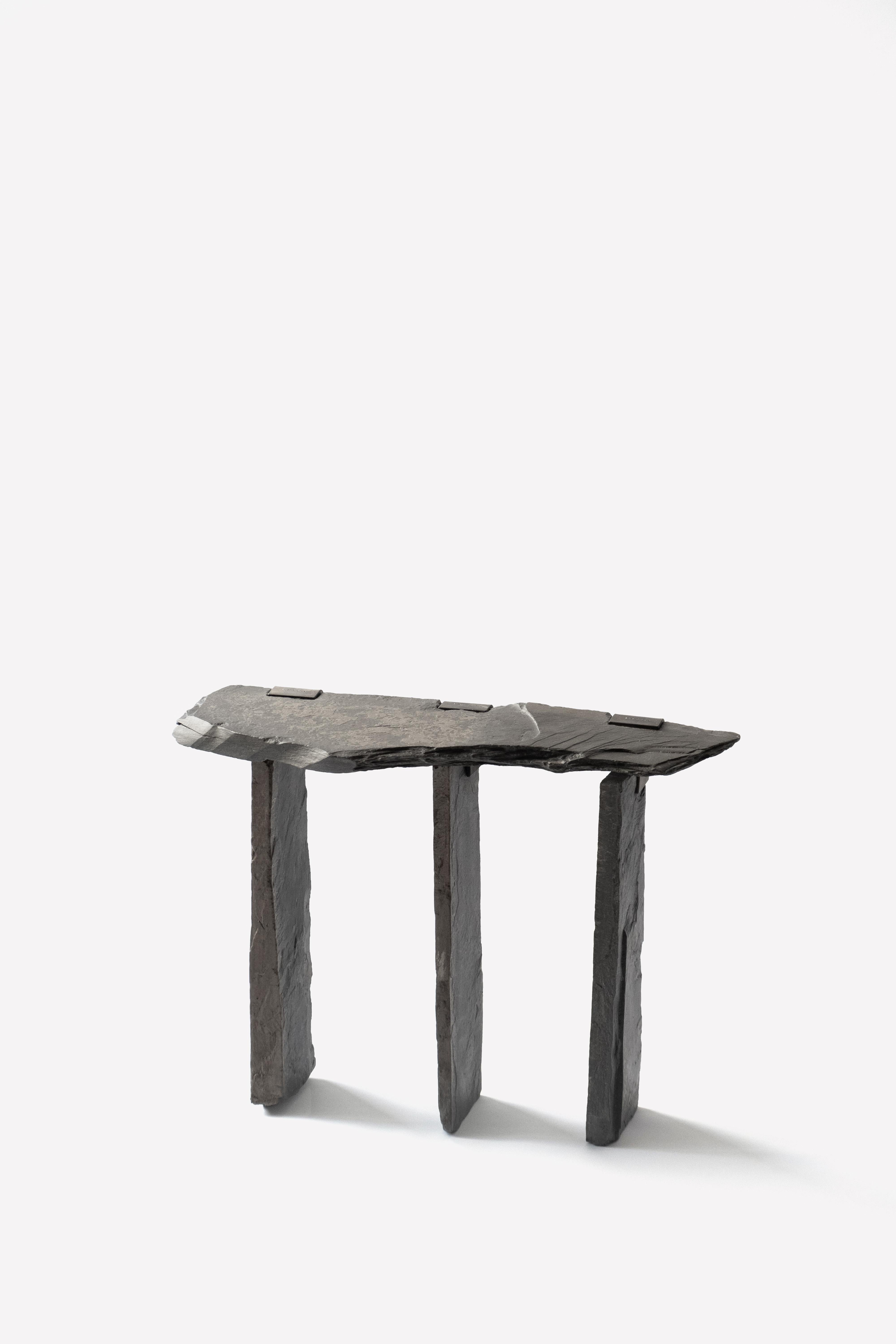 Modern Contemporary Stone Object Side Table in Slate Stone & Metal For Sale