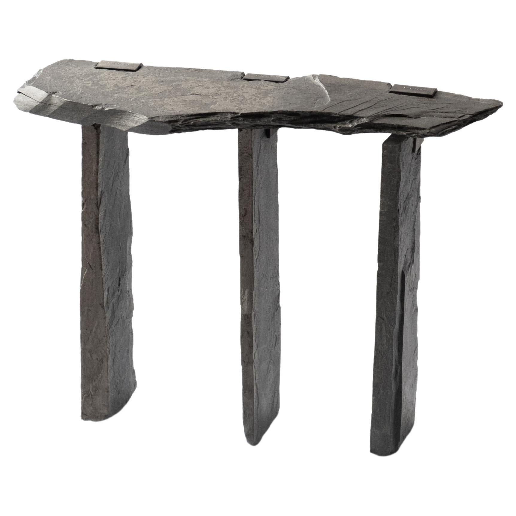 Contemporary Stone Object Side Table in Slate Stone & Metal For Sale