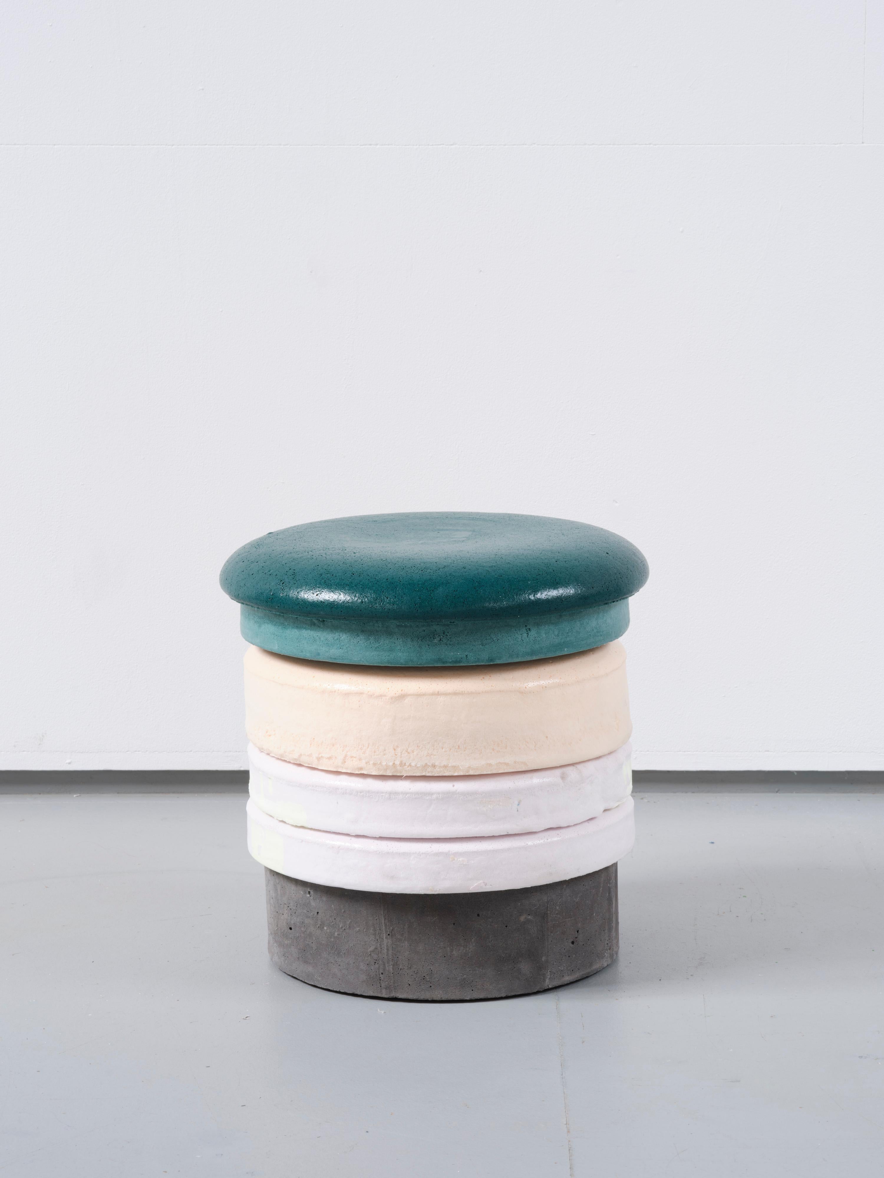 Cristian Andersen
Macaron stool, 2020
Each unique, signed by the artist
Polyurethane, pigments, concrete and cork
Measures: H 39 cm (15 3/8 in), Ø 37 cm

Cristian Andersen (*1974) has been working at the interface between design and sculpture