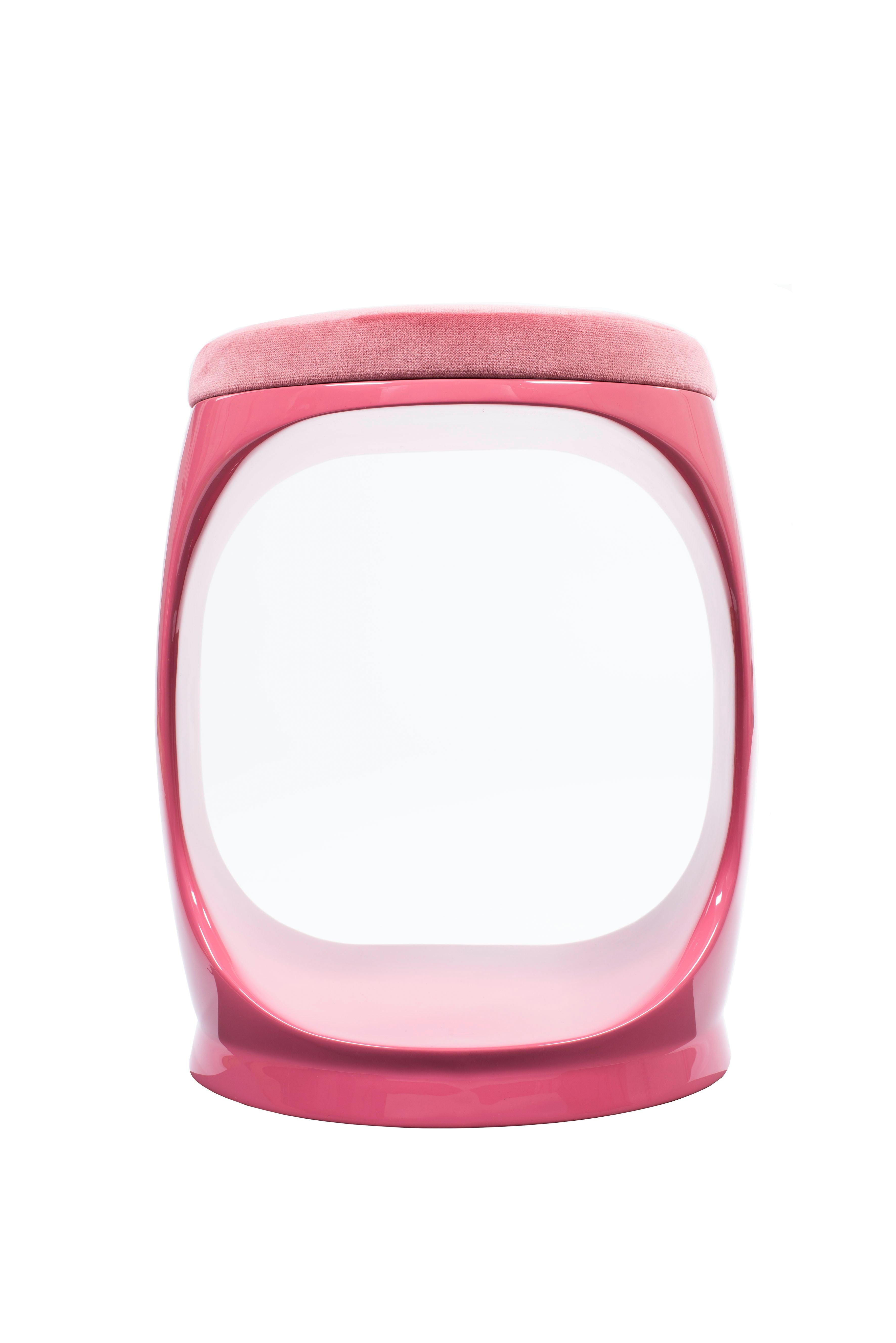 Contemporary Pouf by Cyril Rumpler Signet Ring, Hocker, Stool, pink.
These stools are available in a dozen colors and in a glossy finish. The black, white, navy blue, pink, red, turquoise, lilac, brown, green, and grey stools are available with a
