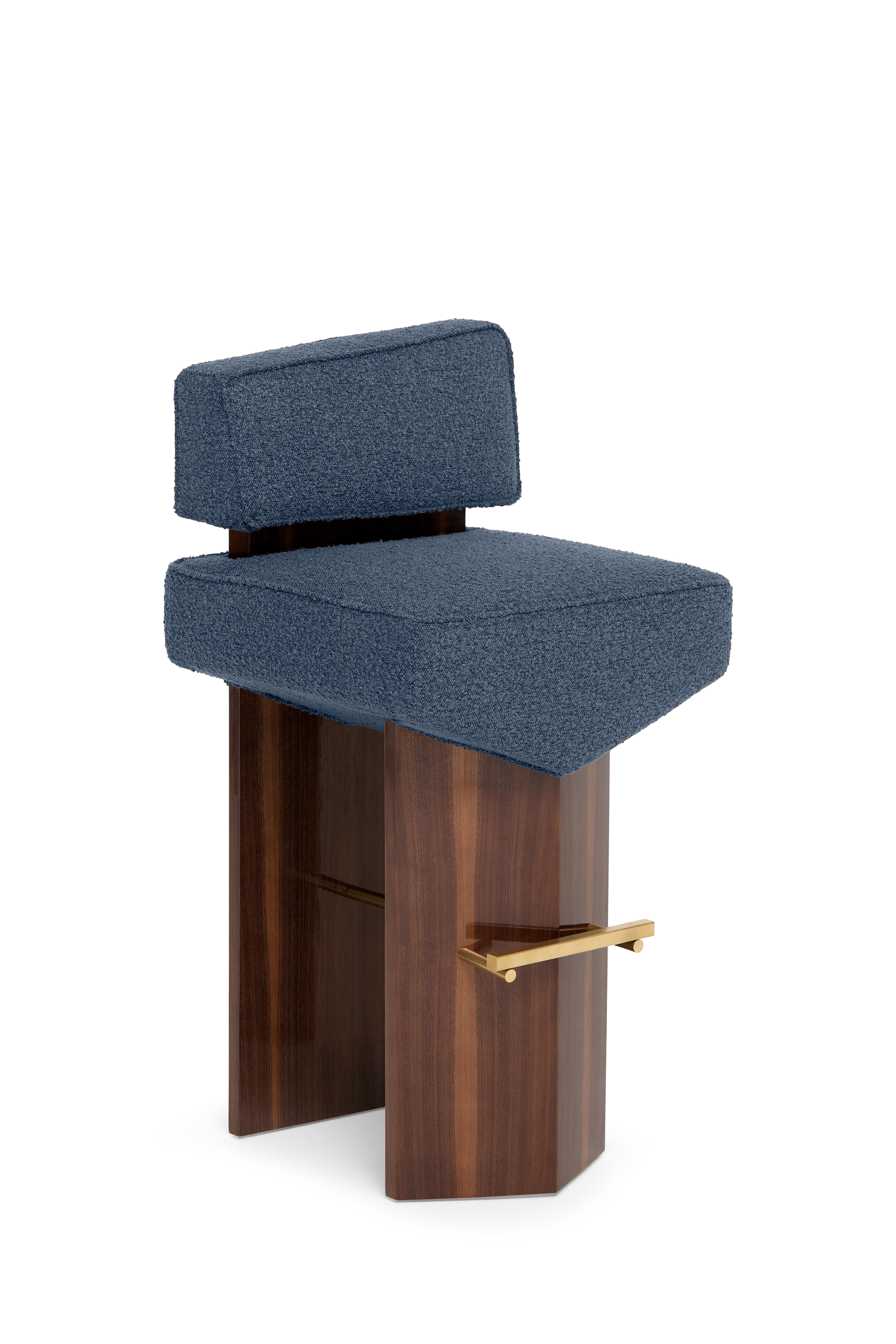 DIVERGENT Stool by Marta Delgado Studio

Fabric: COM
Color: Atlantic (more colors available)
Wood: American Walnut Veener

Dimensions:
Width: 21.2”  54 cm 
Depth: 20.5”  52 cm 
Height: 42.9”  109 cm 
Seat Height: 31.9”  81 cm 
Seat Depth: 15.3”  39