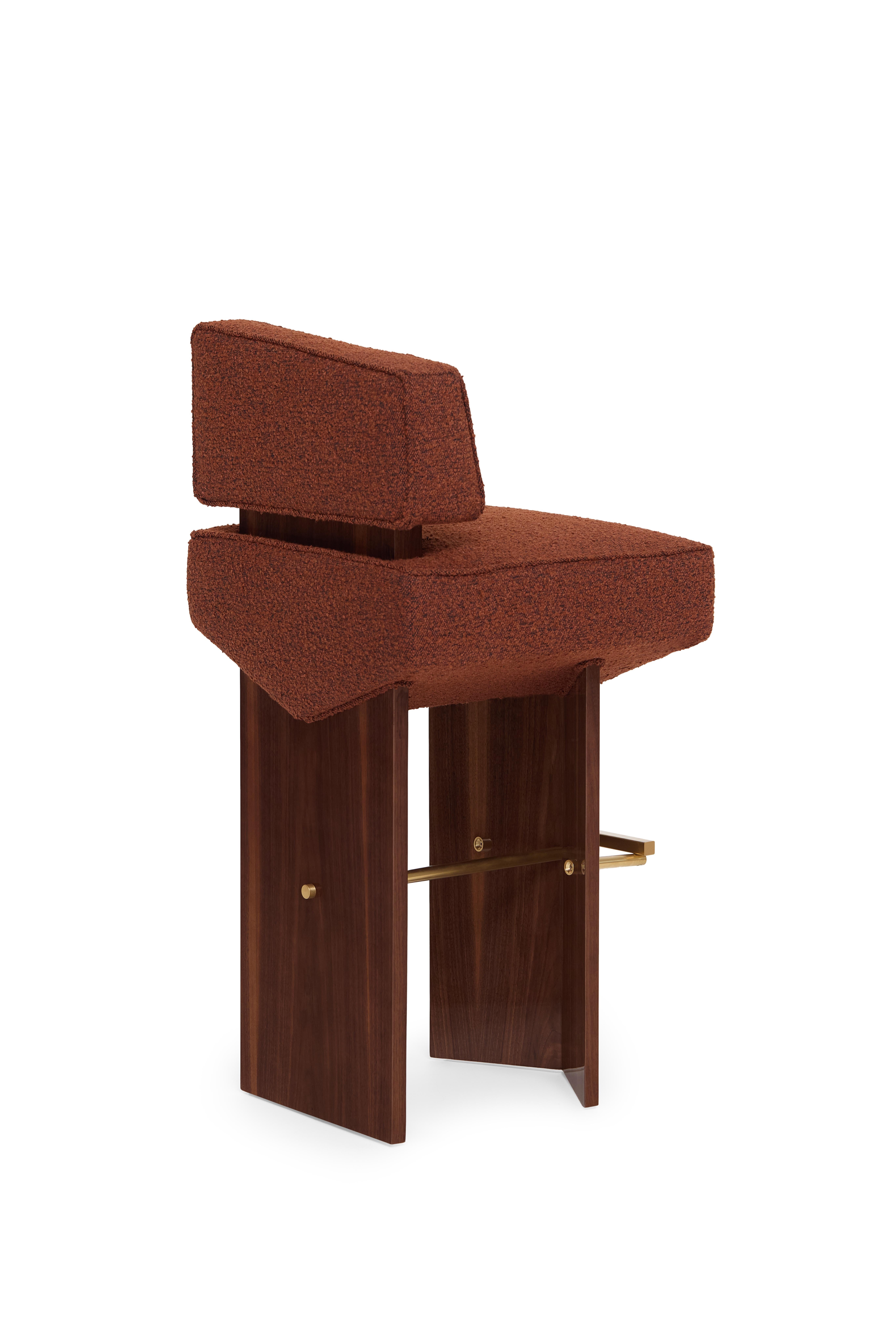 Organic Modern Contemporary Stool 'Divergent' by Marta Delgado, Walnut, Brick For Sale