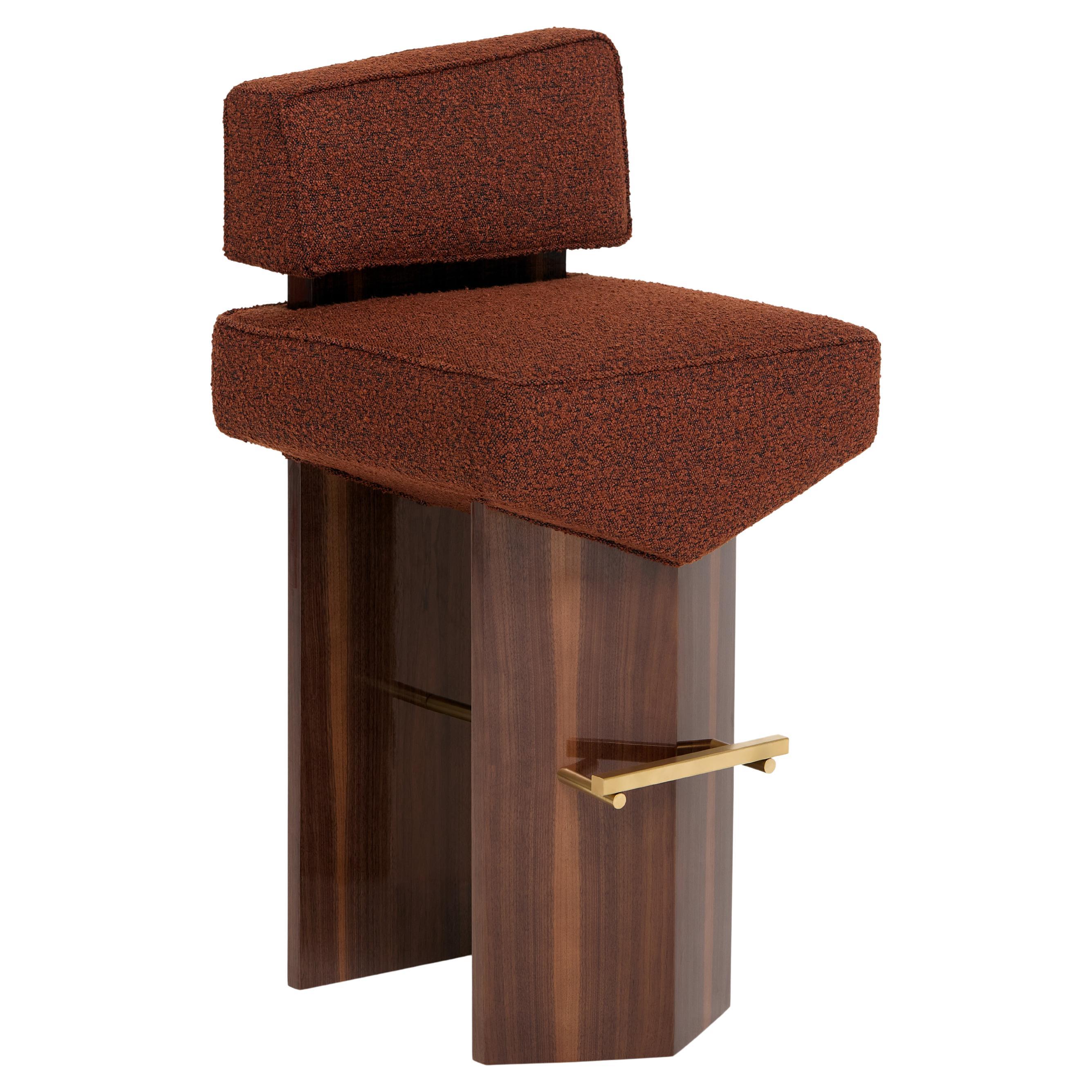 Contemporary Stool 'Divergent' by Marta Delgado, Walnut, Brick