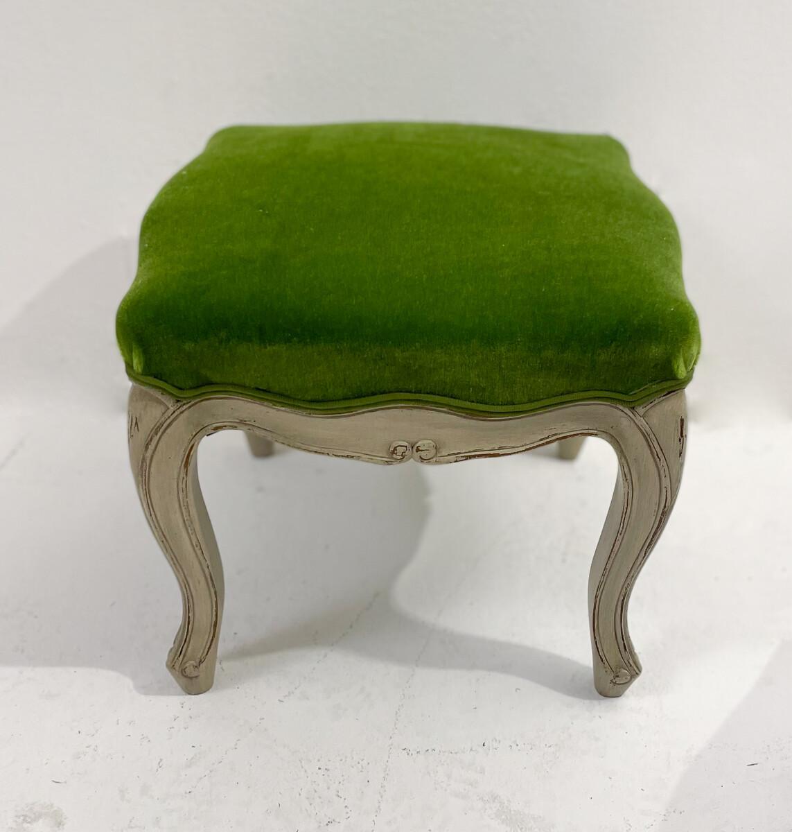 Mid-Century Modern Contemporary Stool Louis XV Style, Green Velvet, Belgium, Sold Individually For Sale