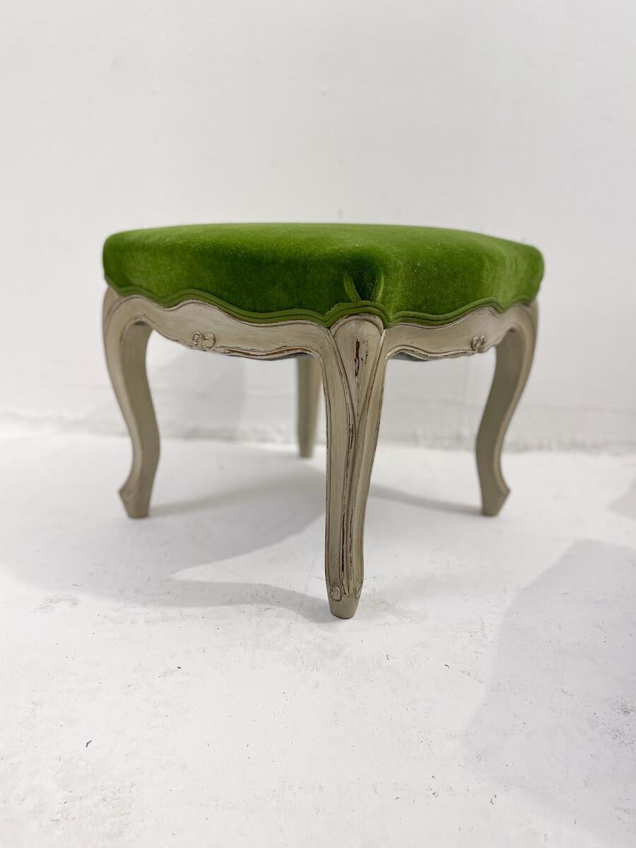 Wood Contemporary Stool Louis XV Style, Green Velvet, Belgium, Sold Individually For Sale
