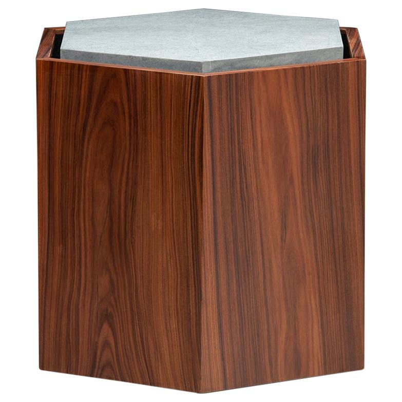 Contemporary stool or side table in walnut veneer and levigated soapstone top with the base of the stone in velvet. Can come with wheels. You can use as a set or individual.