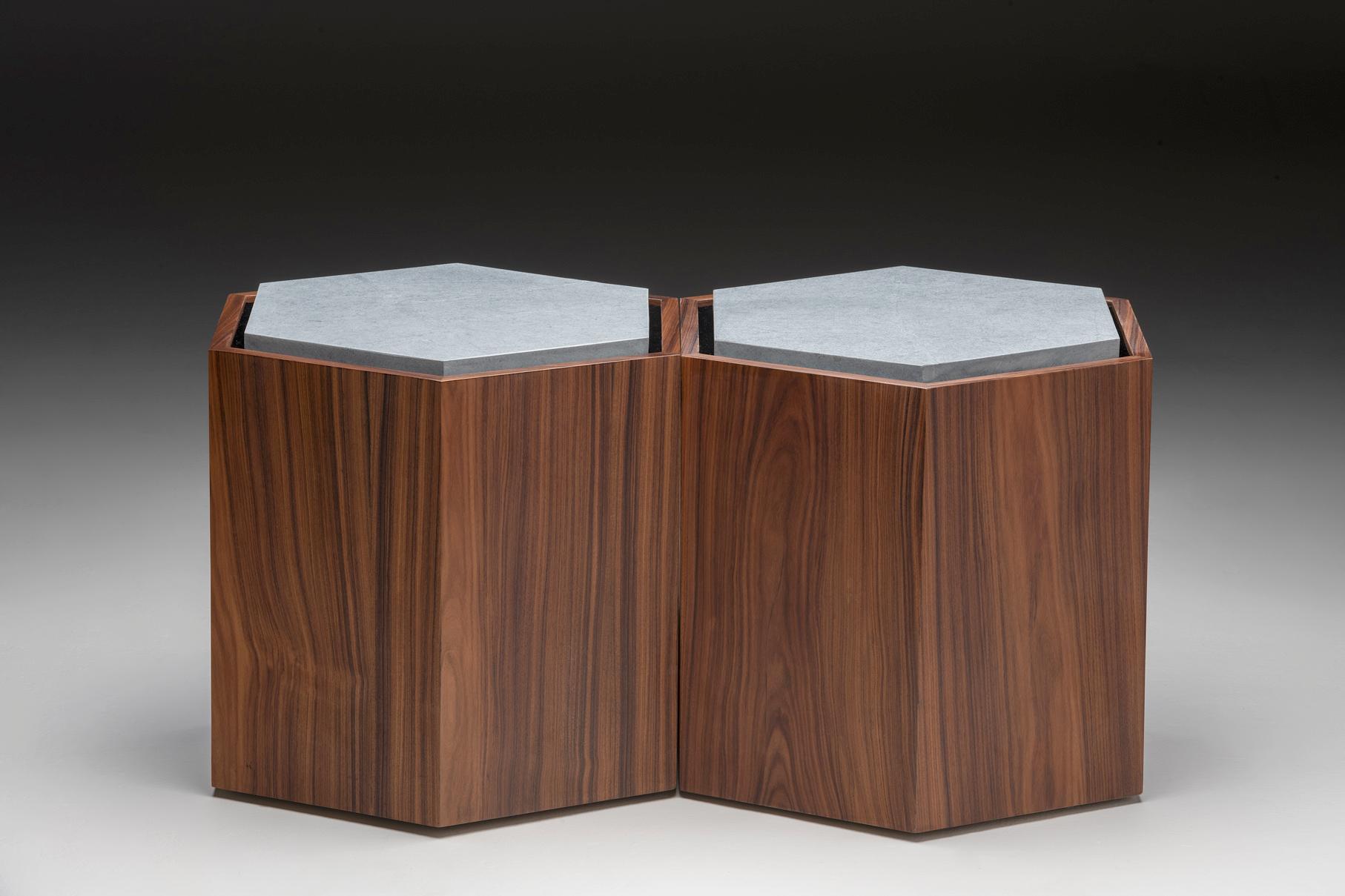 Brazilian Contemporary Stool Side Table in Wood and Stone