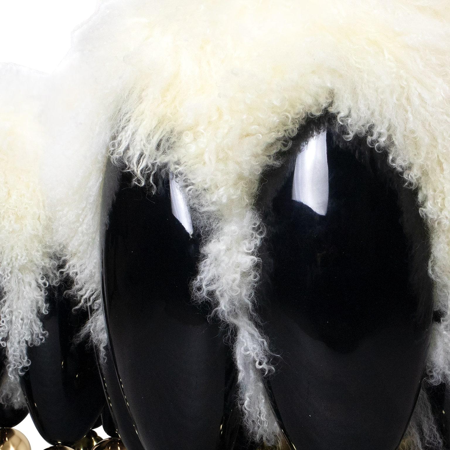 Hand-Crafted Contemporary Black Stool Upholstered with Fur Top & Gold Spheres Details For Sale