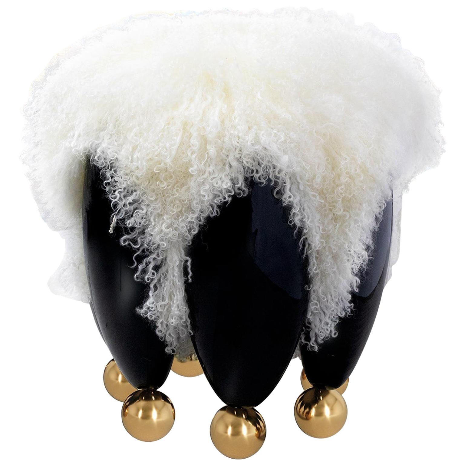 Contemporary Black Stool Upholstered with Fur Top & Gold Spheres Details