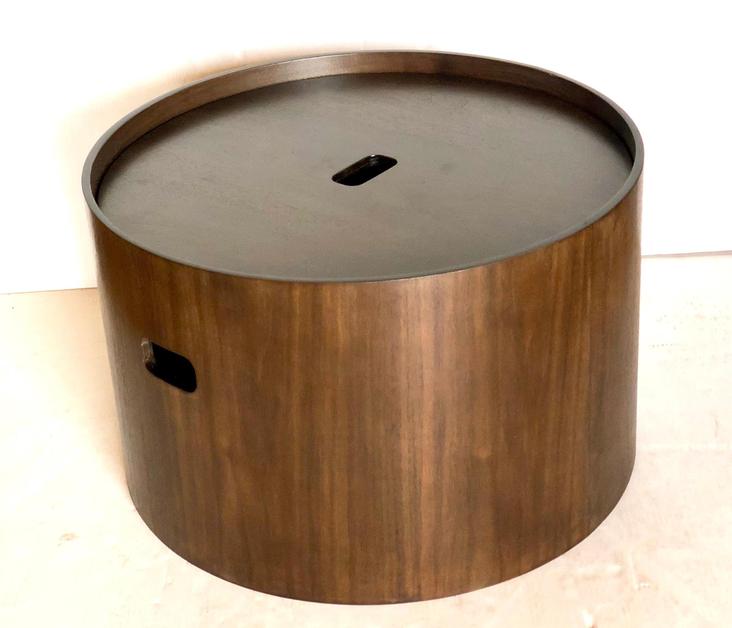 Freshly refinished in dark walnut round cylinder coffee table/ storage bin, with lid great and practical design.
