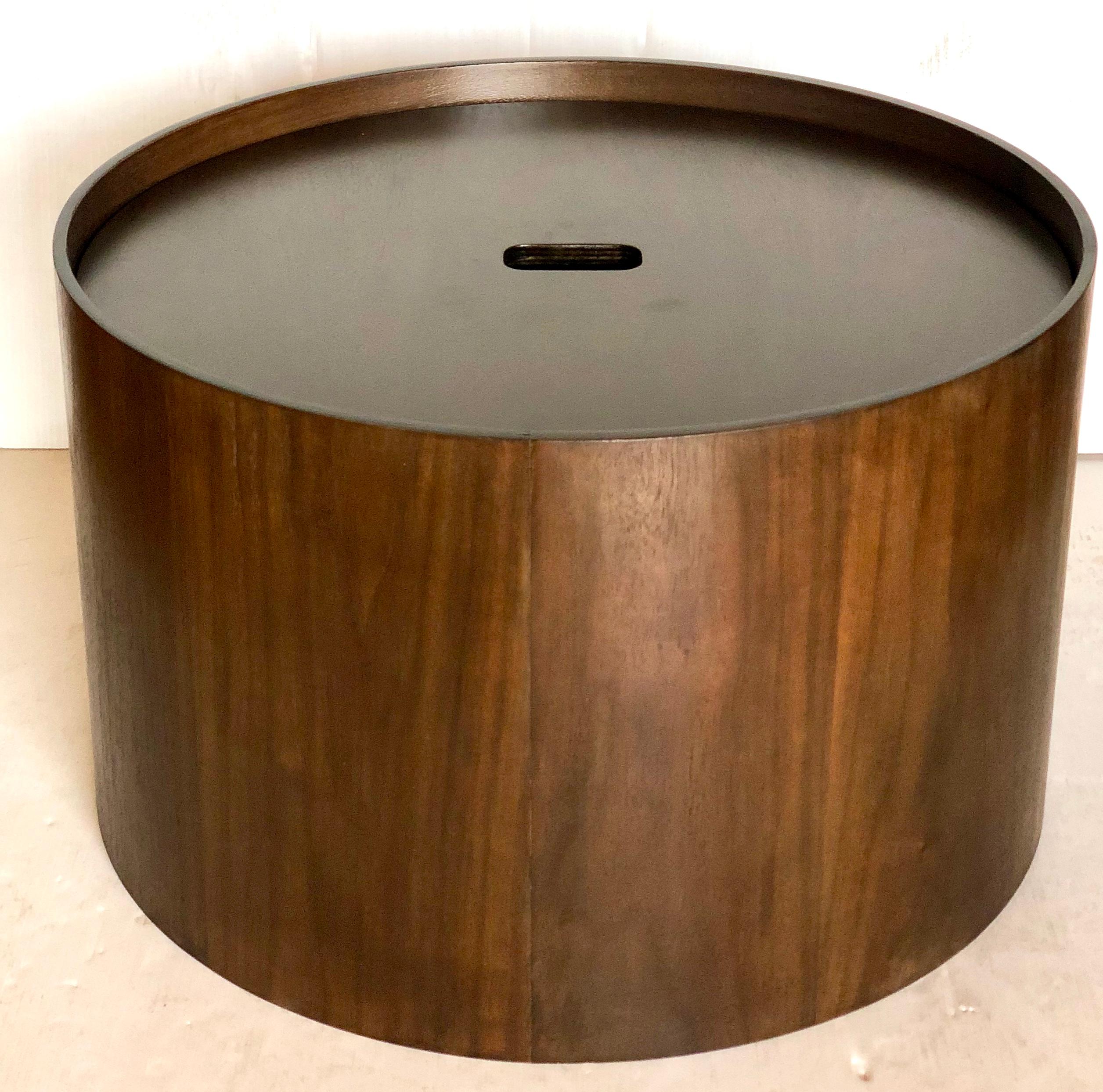 Scandinavian Modern Contemporary Storage Bin Round Coffee Table in Dark Walnut
