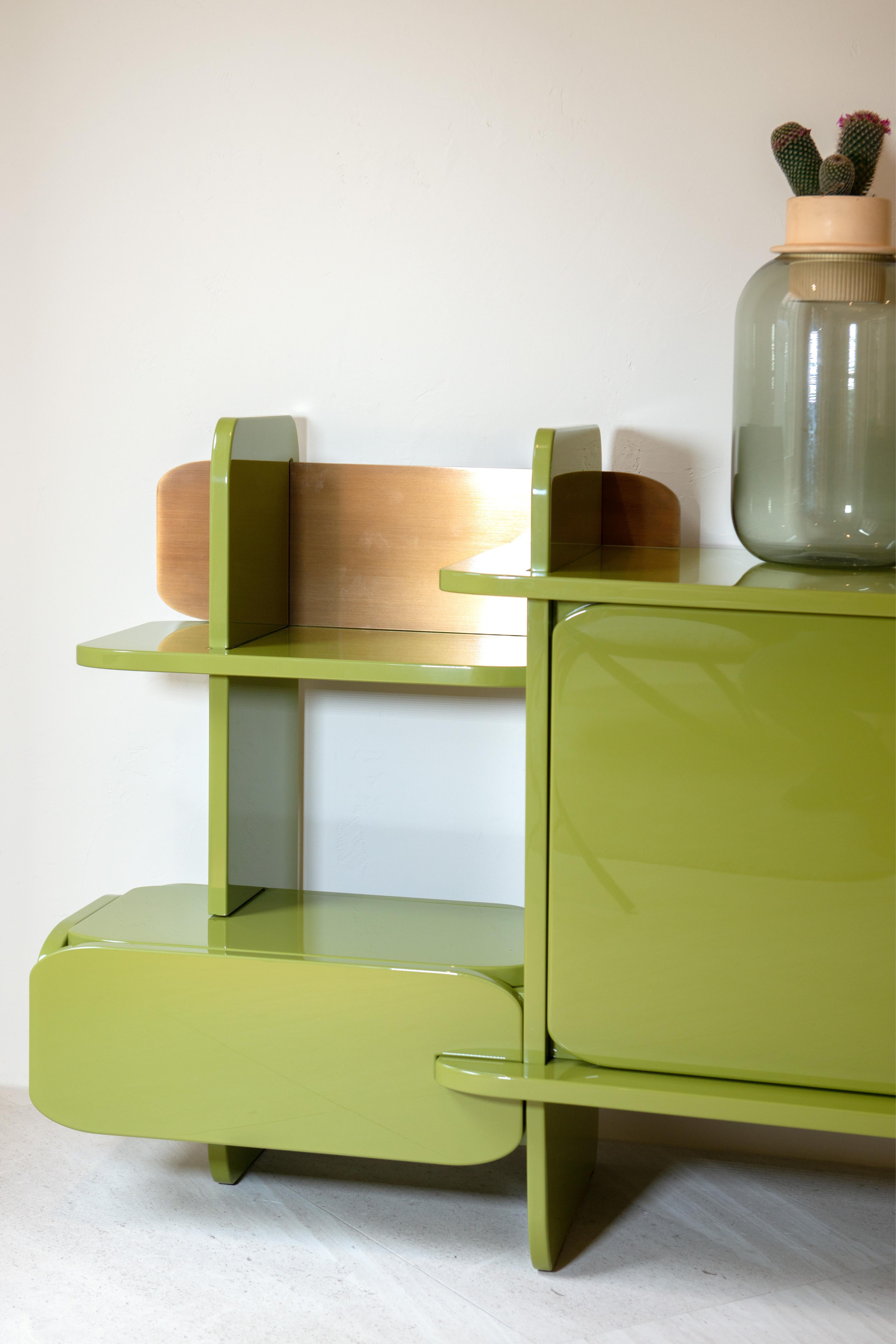 Modern Contemporary Storage Unit by Hessentia in Green Laquered Wood with metal detail For Sale