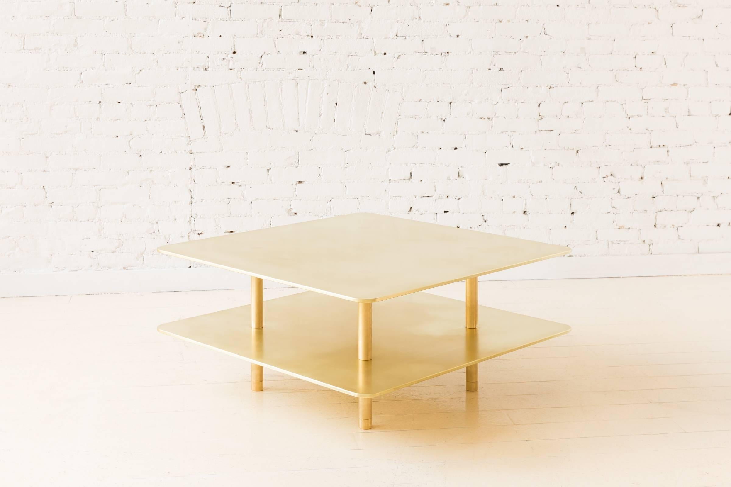 Contemporary Two Tier Strata Coffee Table in Brass by Fort Standard, in Stock In New Condition For Sale In Brooklyn, NY