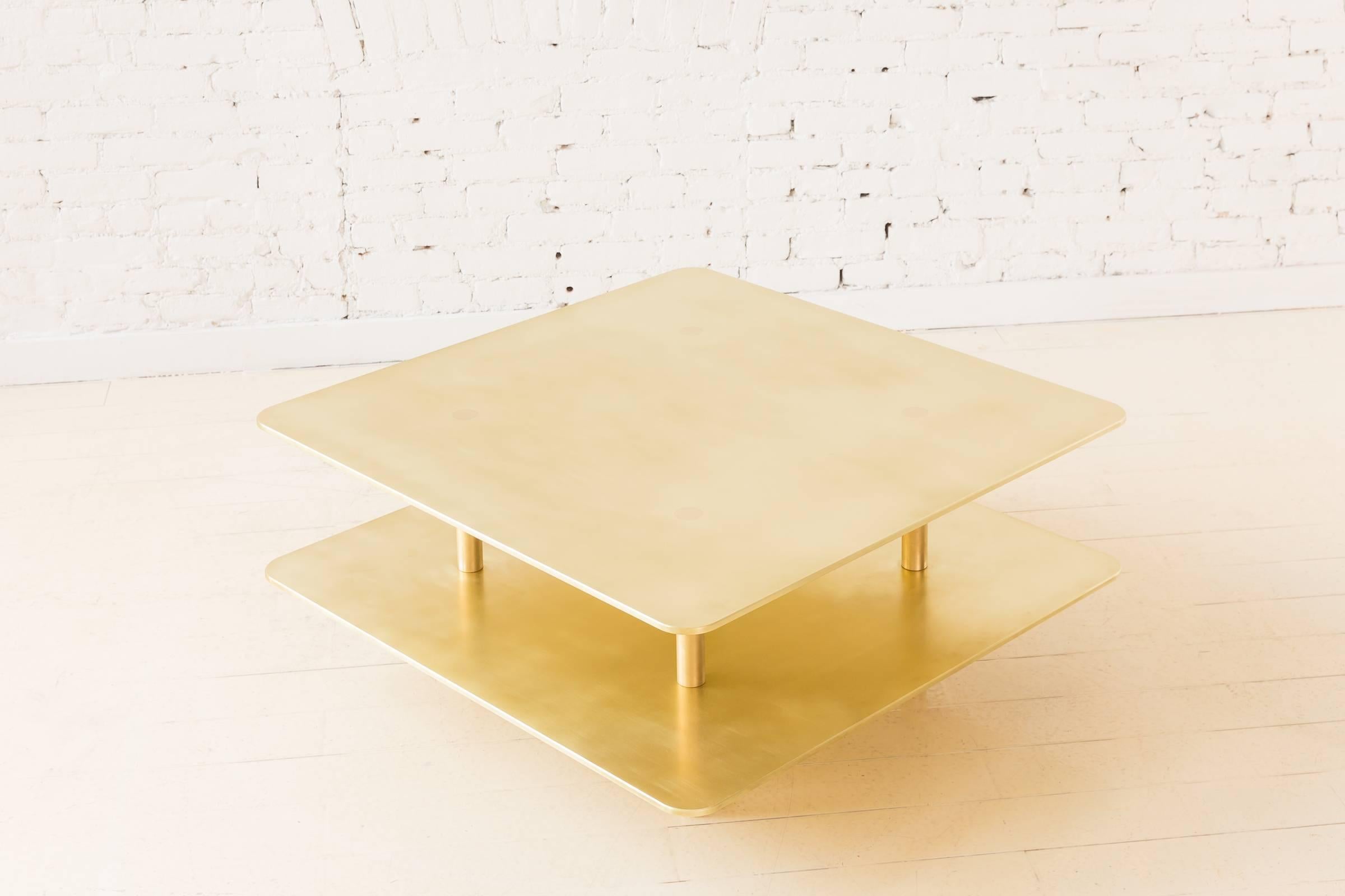 Contemporary Two Tier Strata Coffee Table in Brass by Fort Standard, in Stock For Sale 1