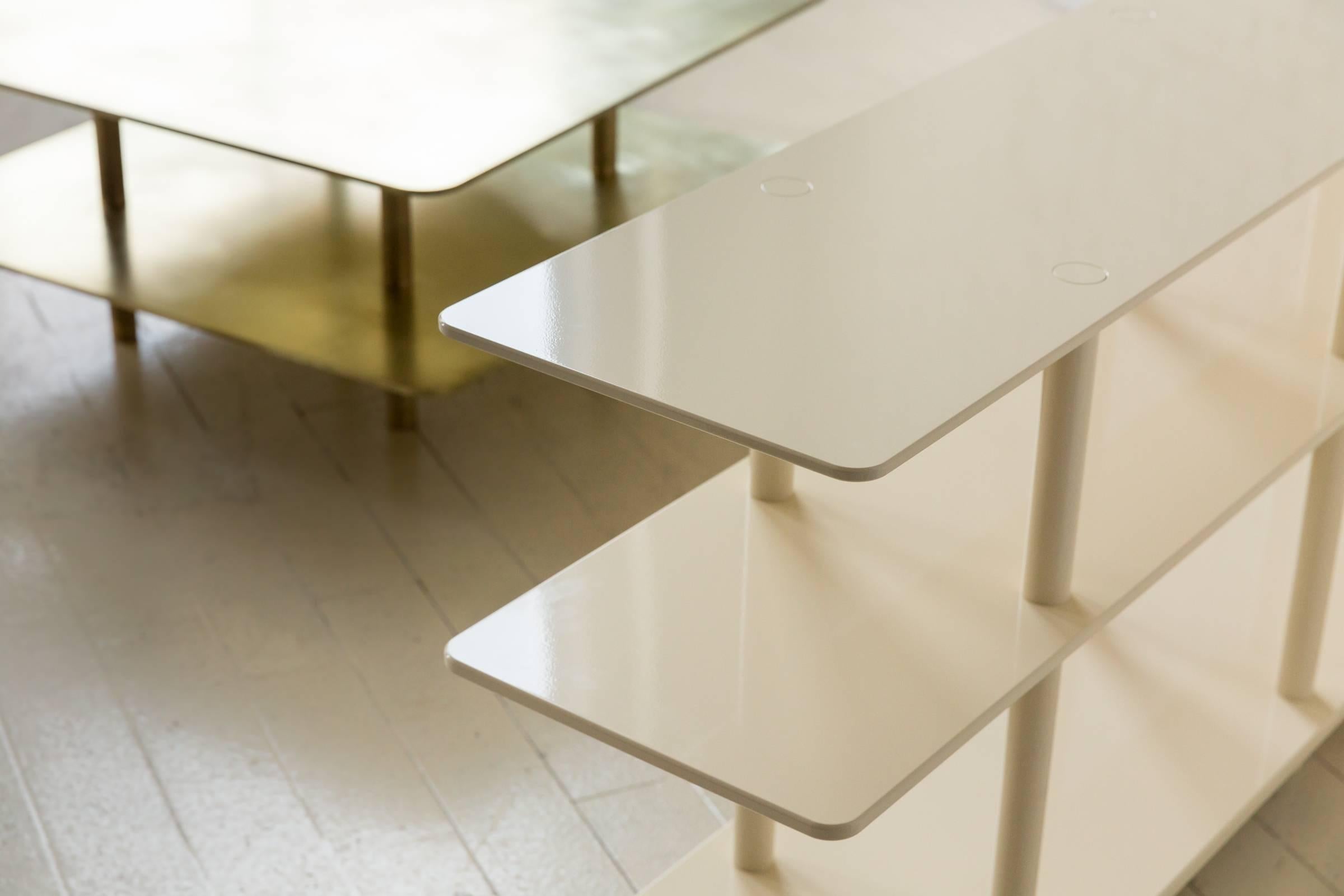 Contemporary Two Tier Strata Coffee Table in Brass by Fort Standard, in Stock For Sale 5