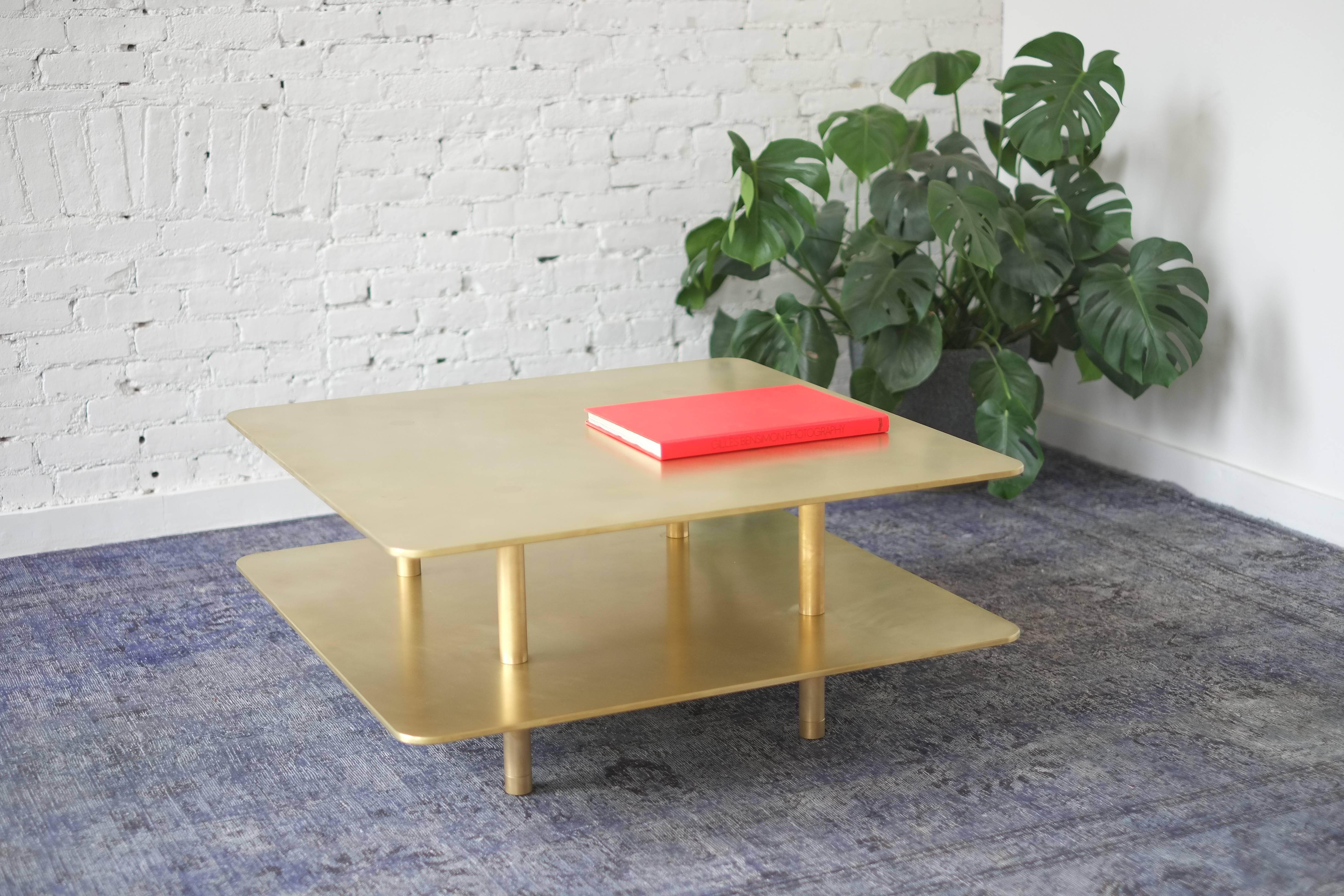 American Contemporary Two Tier Strata Coffee Table in Brass by Fort Standard For Sale