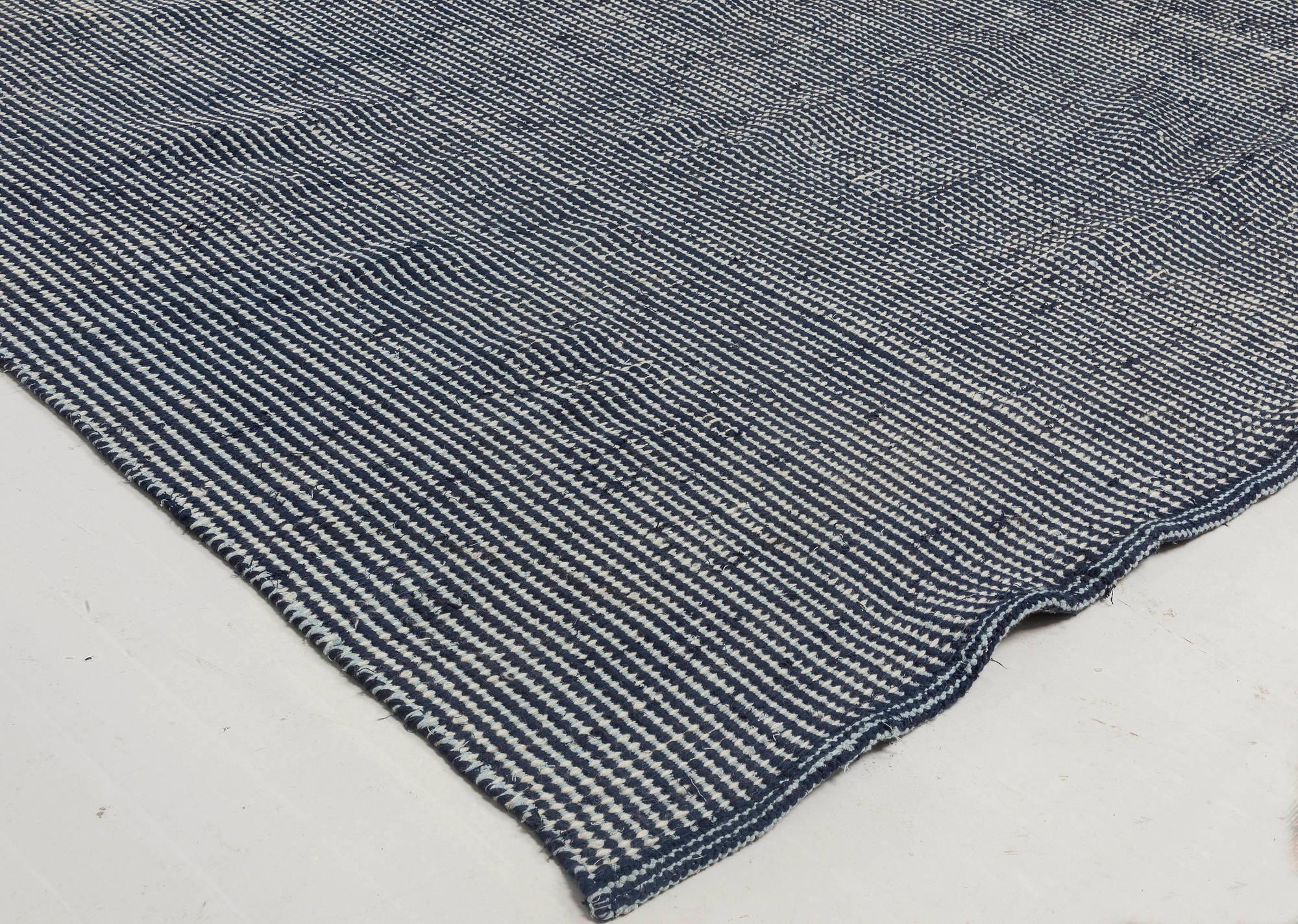 Hand-Woven Contemporary Striped Blue Flat-Weave Wool Rug by Doris Leslie Blau For Sale