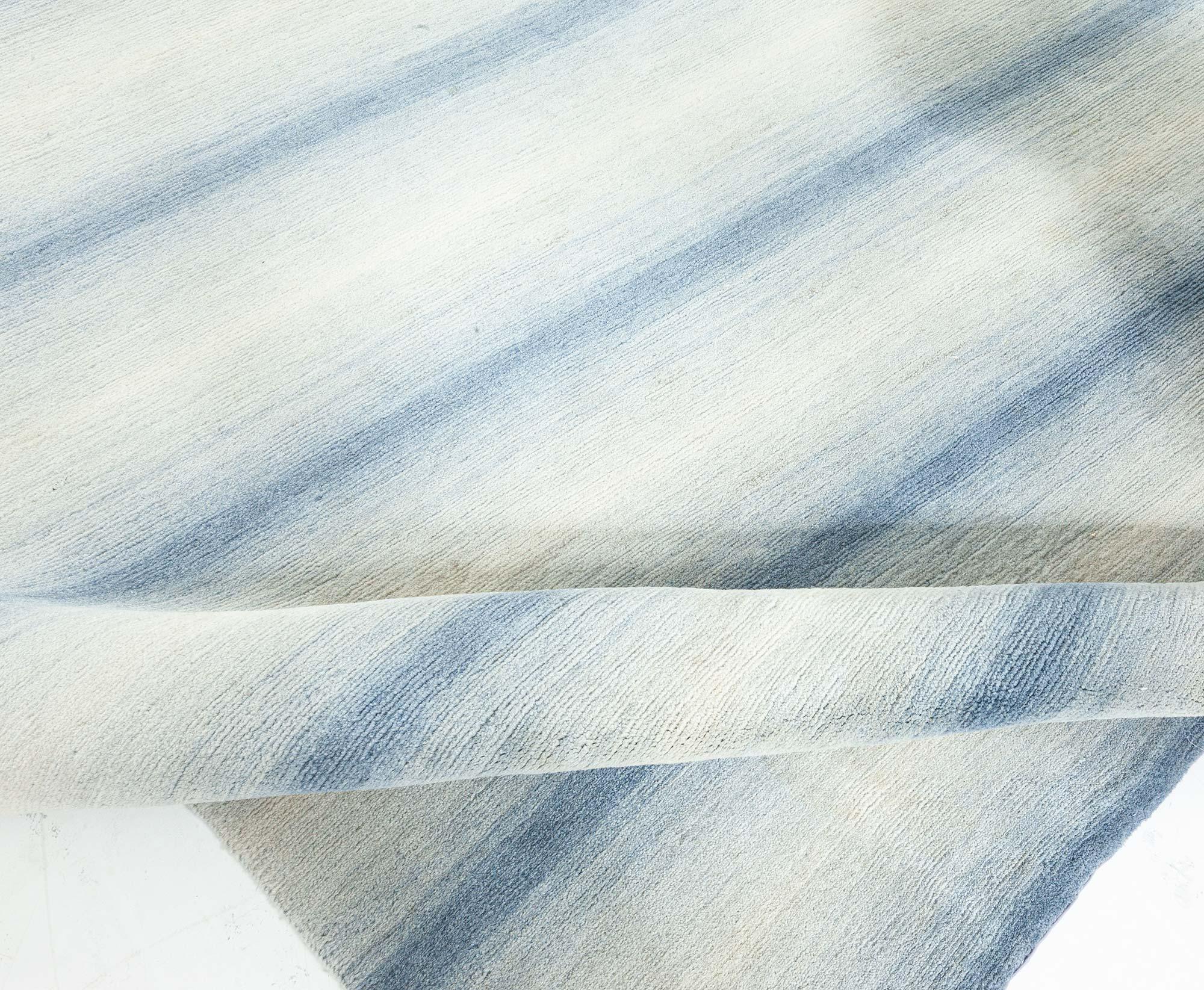 Noué à la main Contemporary Striped Blue Hand Knotted Wool Rug by Doris Leslie Blau en vente