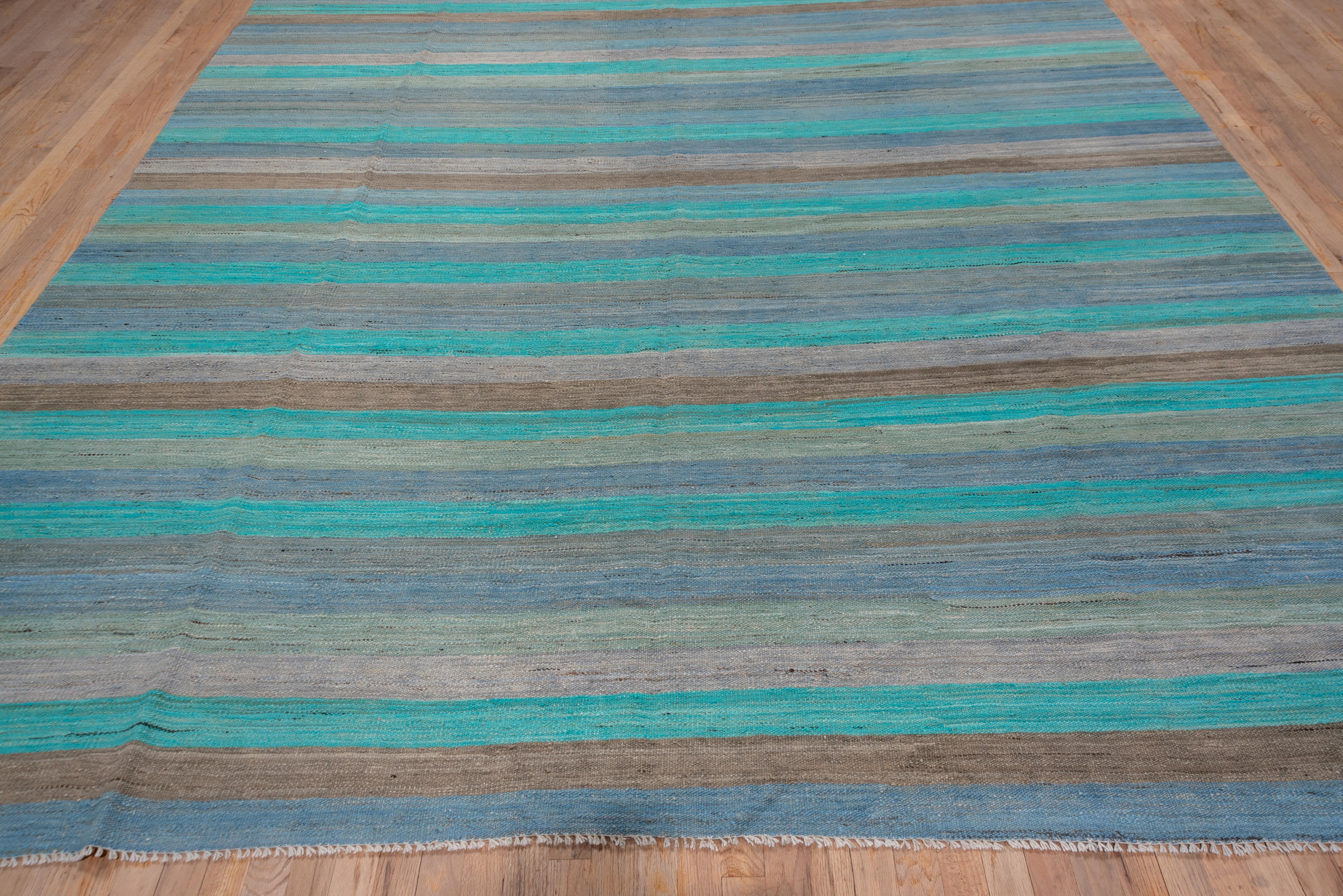 Afghan Contemporary Striped Flatweave Area Rug, Blue, Light Sea Green & Brown Tones For Sale