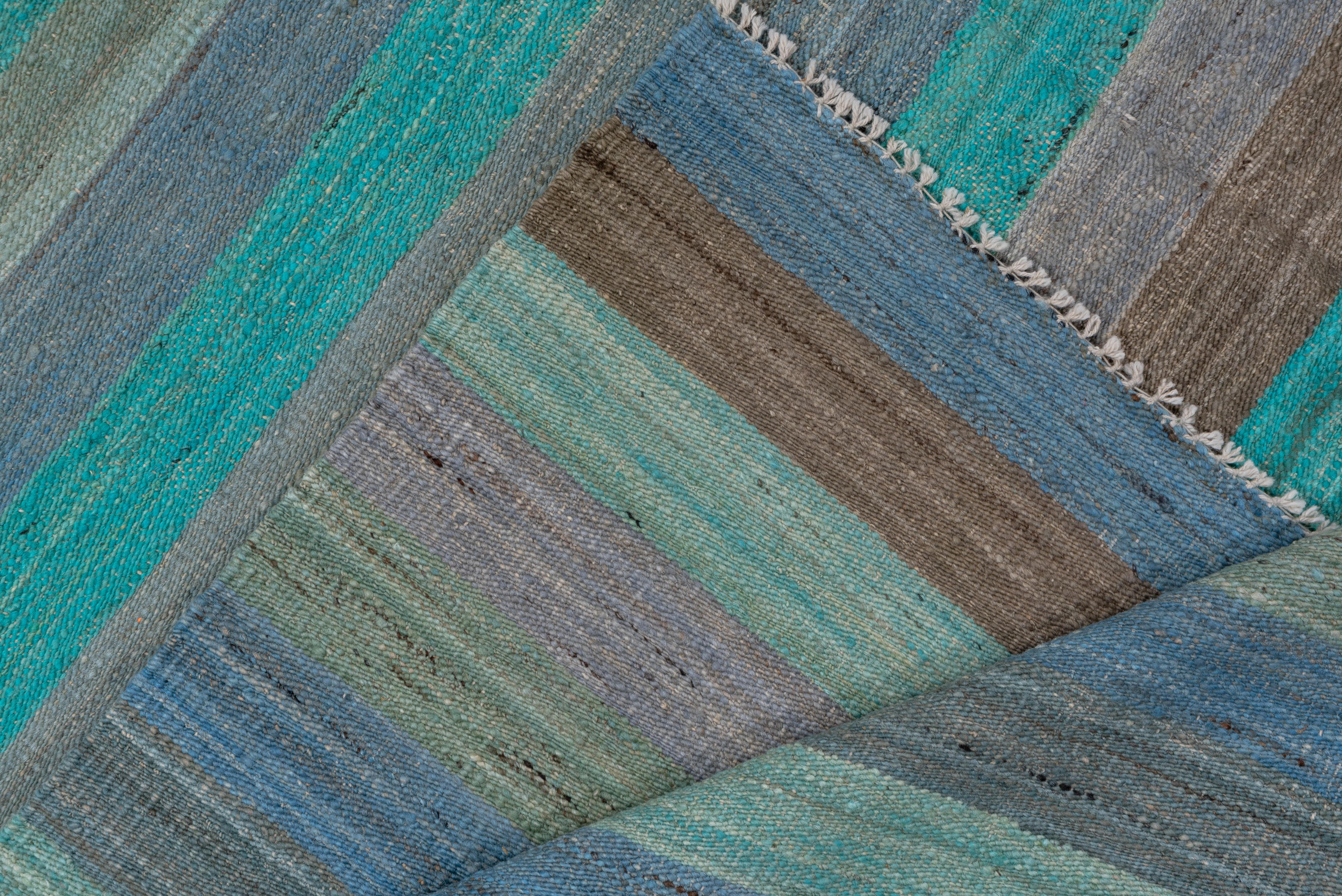 Wool Contemporary Striped Flatweave Area Rug, Blue, Light Sea Green & Brown Tones For Sale