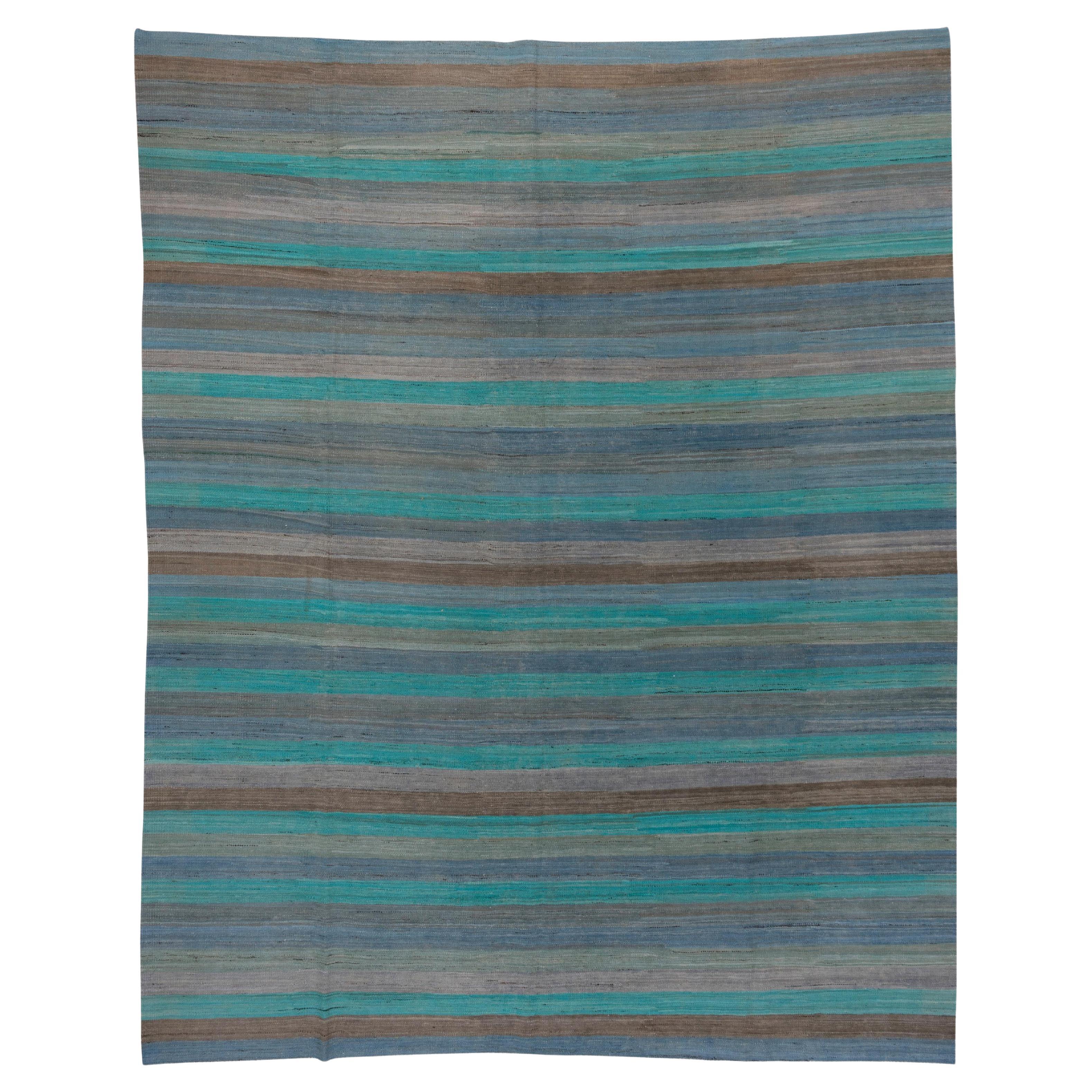 Contemporary Striped Flatweave Area Rug, Blue, Light Sea Green & Brown Tones For Sale